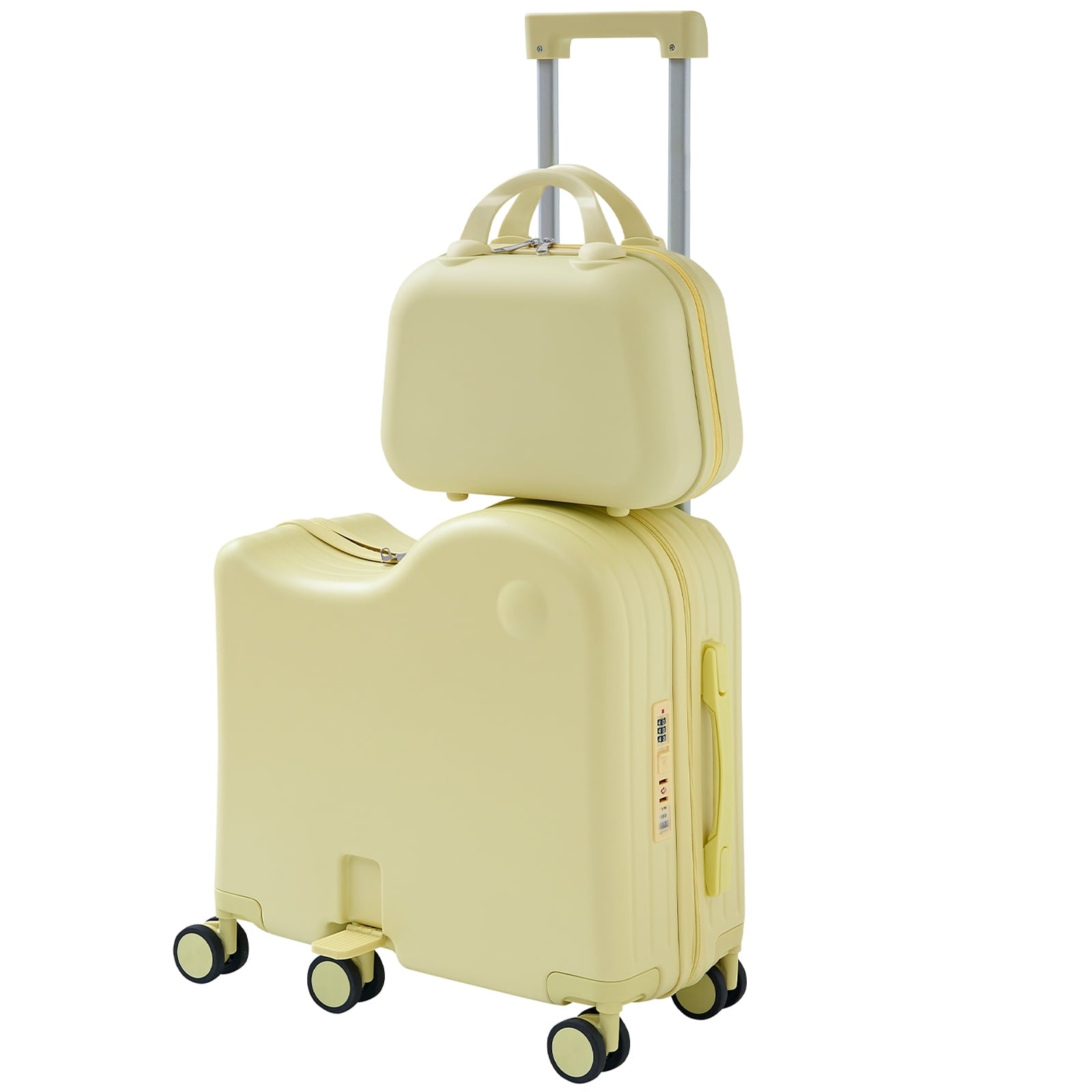 TABU Kids Ride on Luggage with Handbag, Hardshell Suitcase with 6-Spinner Wheels,Hidden Cup Holder,Foldable Pedal,White
