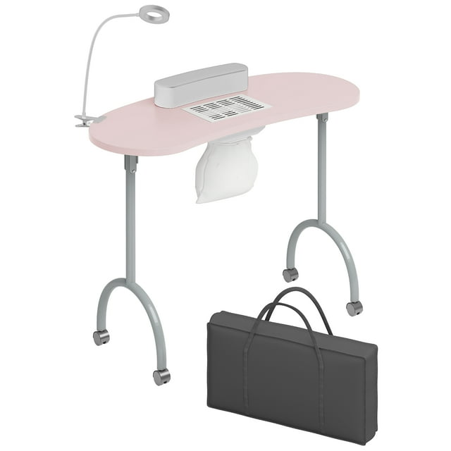 CECER Portable Folding Manicure Nail Table Station with Dust Collector Fan and Magnifying Glass Lamp,Pink