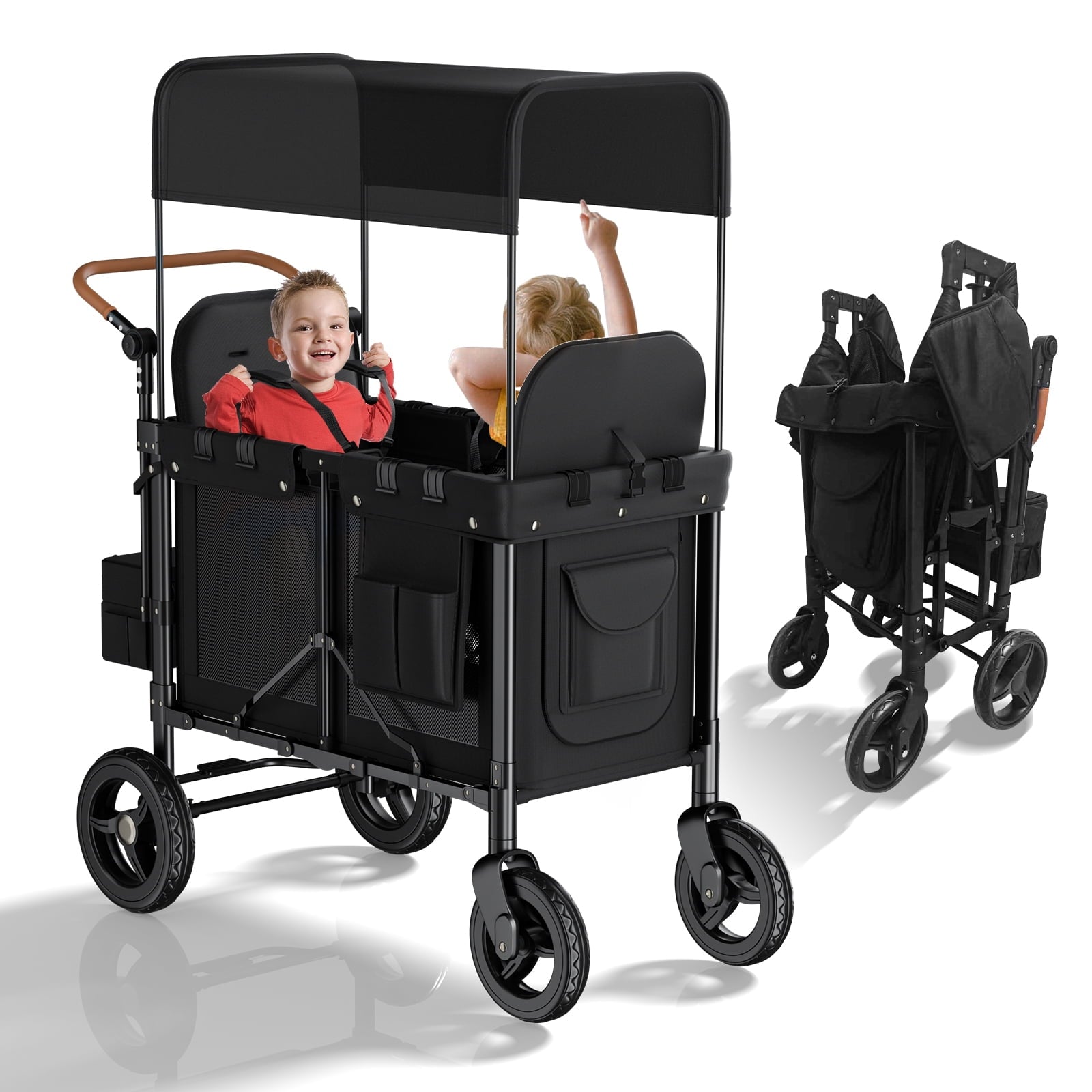 TABU Stroller Wagon for 2 Kids,2 Seater Stroller Wagon with Adjustable Handles,5-Point Harnesses,Black