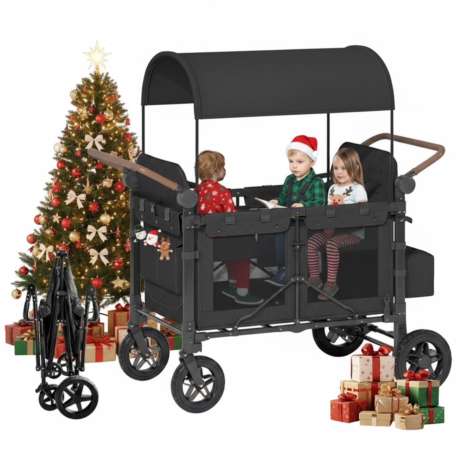 TABU Stroller Wagon for 2 Kids,2 Seater Stroller Wagon with Adjustable Handles,5-Point Harnesses,Black