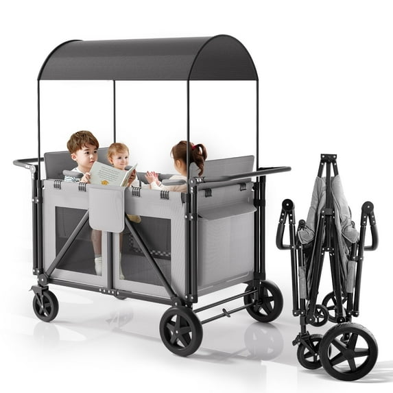TABU Stroller Wagon for 4 Kids,Folding Push-Pull Stroller,5-Point Harnesses,Adjustable Handle,Black
