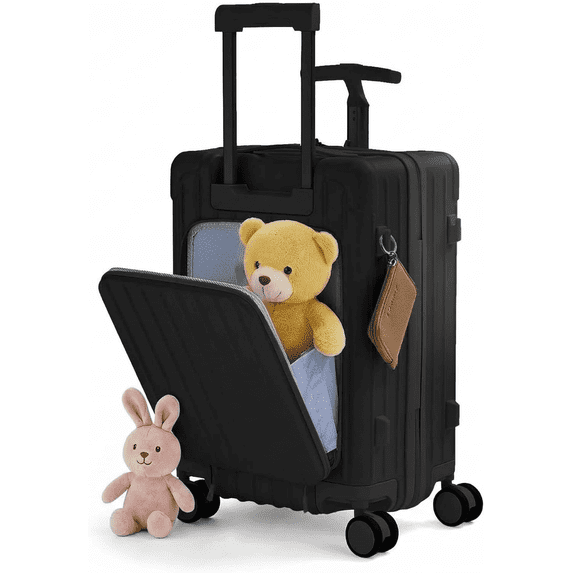 TBAU Ride-On Suitcase for Kids with Seat, Front Opening Carry-On Luggage, 360° Lockable Spinner and TSA Lock, Black