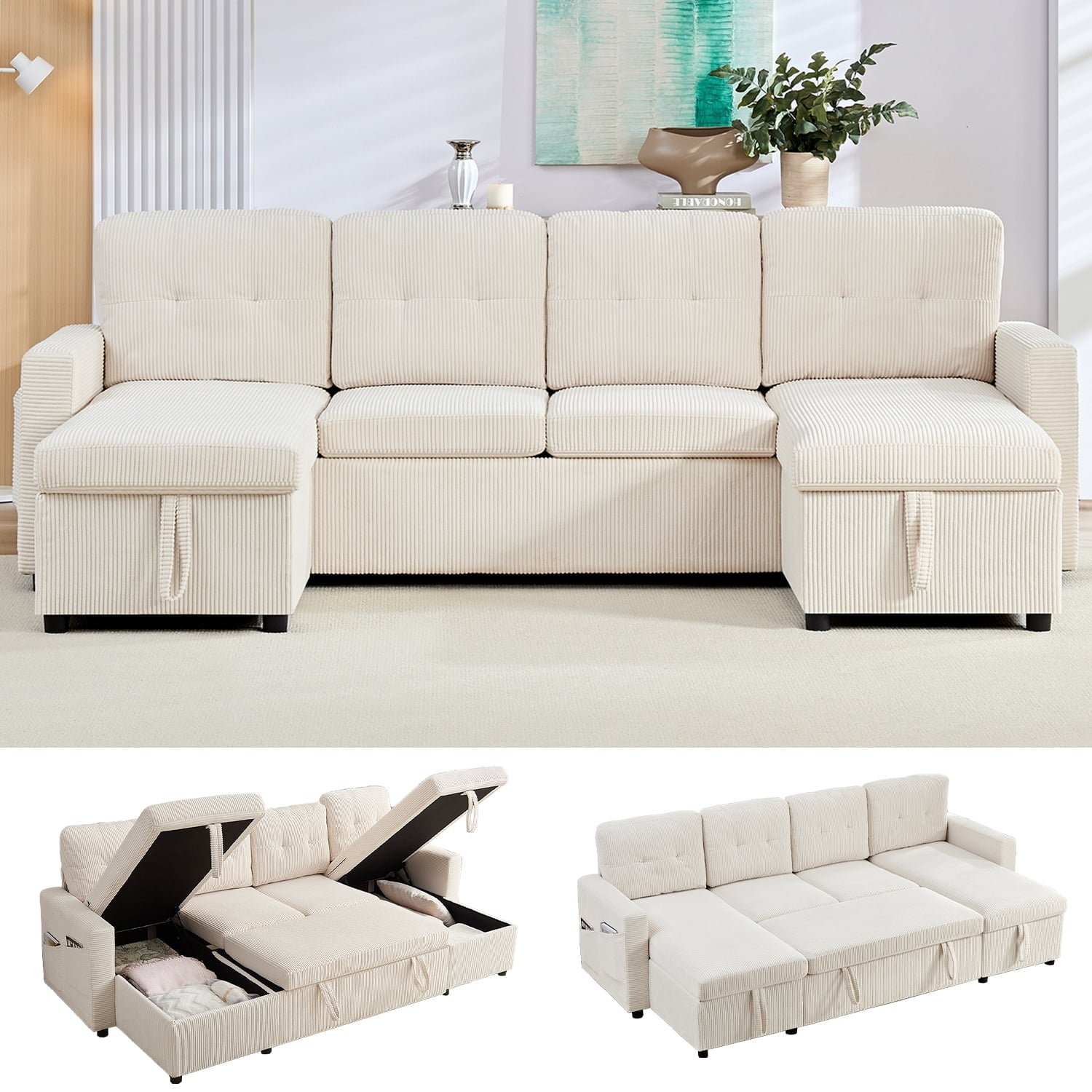 ZAFLY Sectional Sleeper Sofa Bed, 4 Seat Pull Out Couch with Storage, Modern Convertible U Shaped Sofas for Living Room