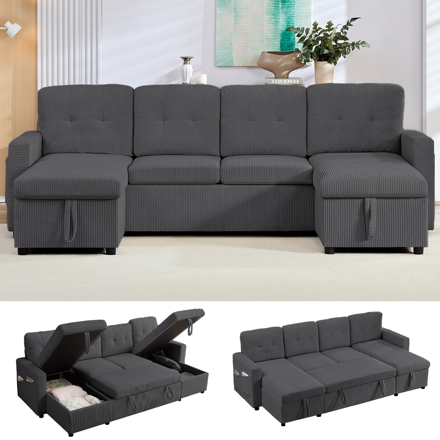 ZAFLY Sectional Sleeper Sofa Bed, 4 Seat Pull Out Couch with Storage, Modern Convertible U Shaped Sofas for Living Room