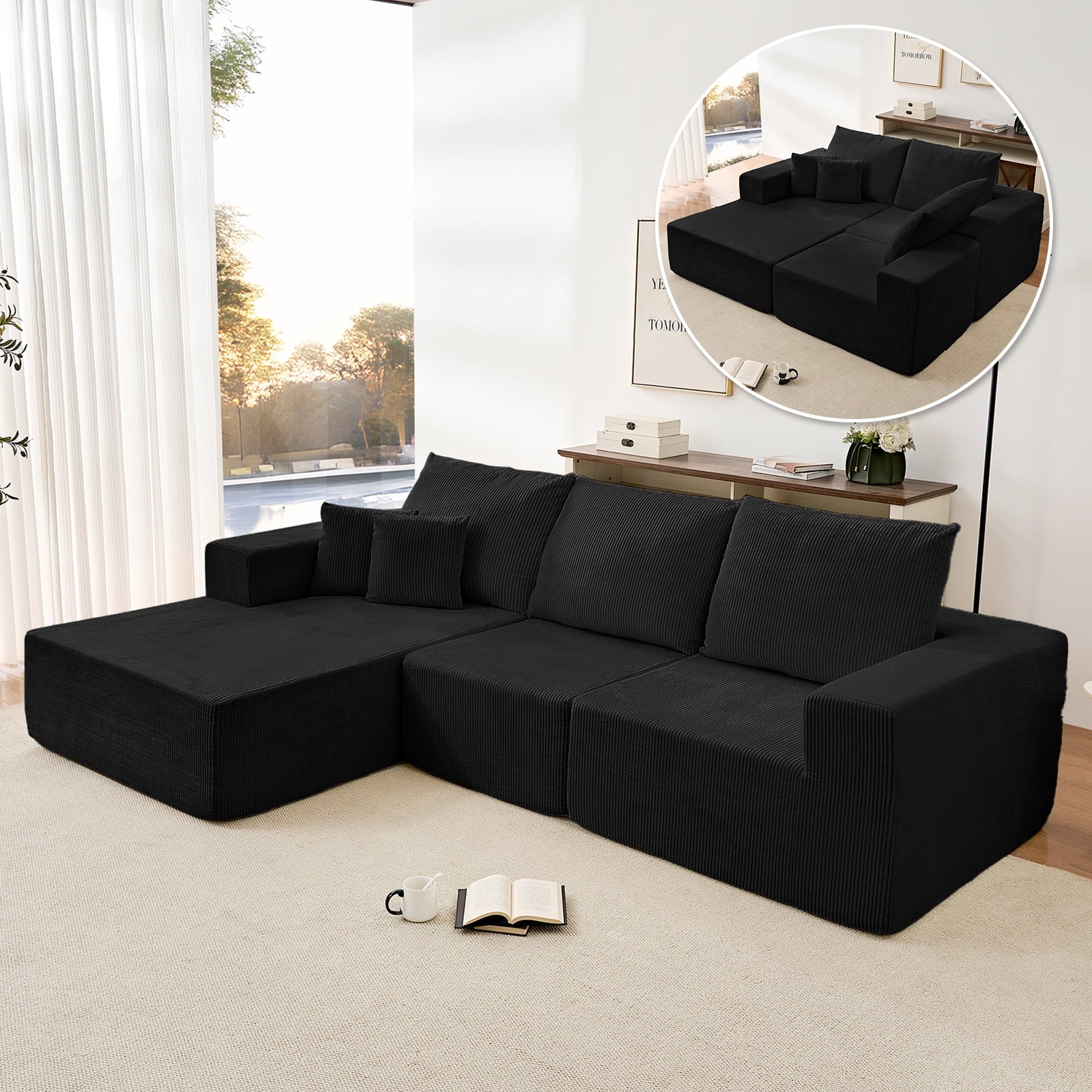 ZAFLY 108" Cloud Sectional Sofa, Modular Corduroy Deep Seat Couch, L Shaped Couches for Living Room, No Assembly Required - Black