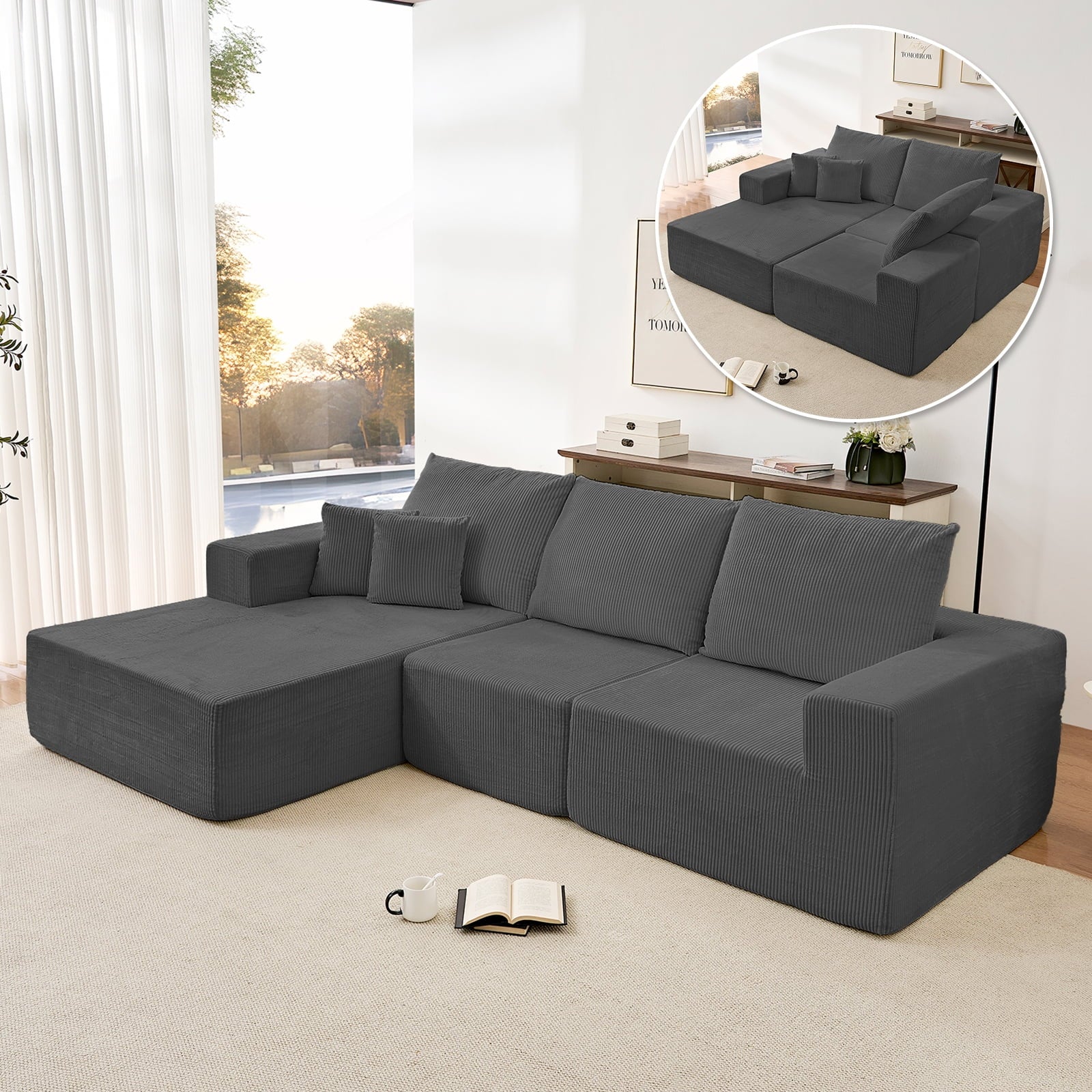 ZAFLY 108" Cloud Sectional Sofa, Modular Corduroy Deep Seat Couch, L Shaped Couches for Living Room, No Assembly Required - Black