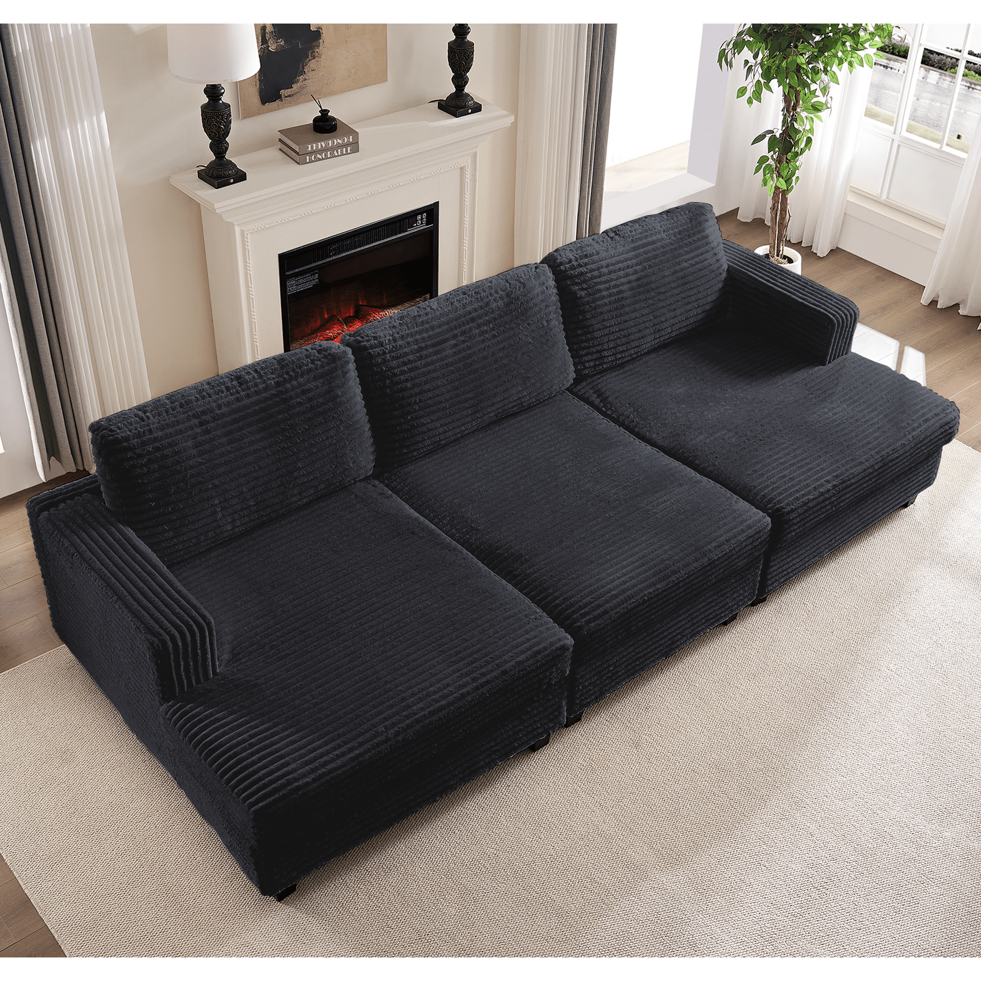 ZAFLY 120” Oversized Sectional sofa, Deep Seat Couch with Wider Armrests, Corduroy Sleeper Sofa for Living Room