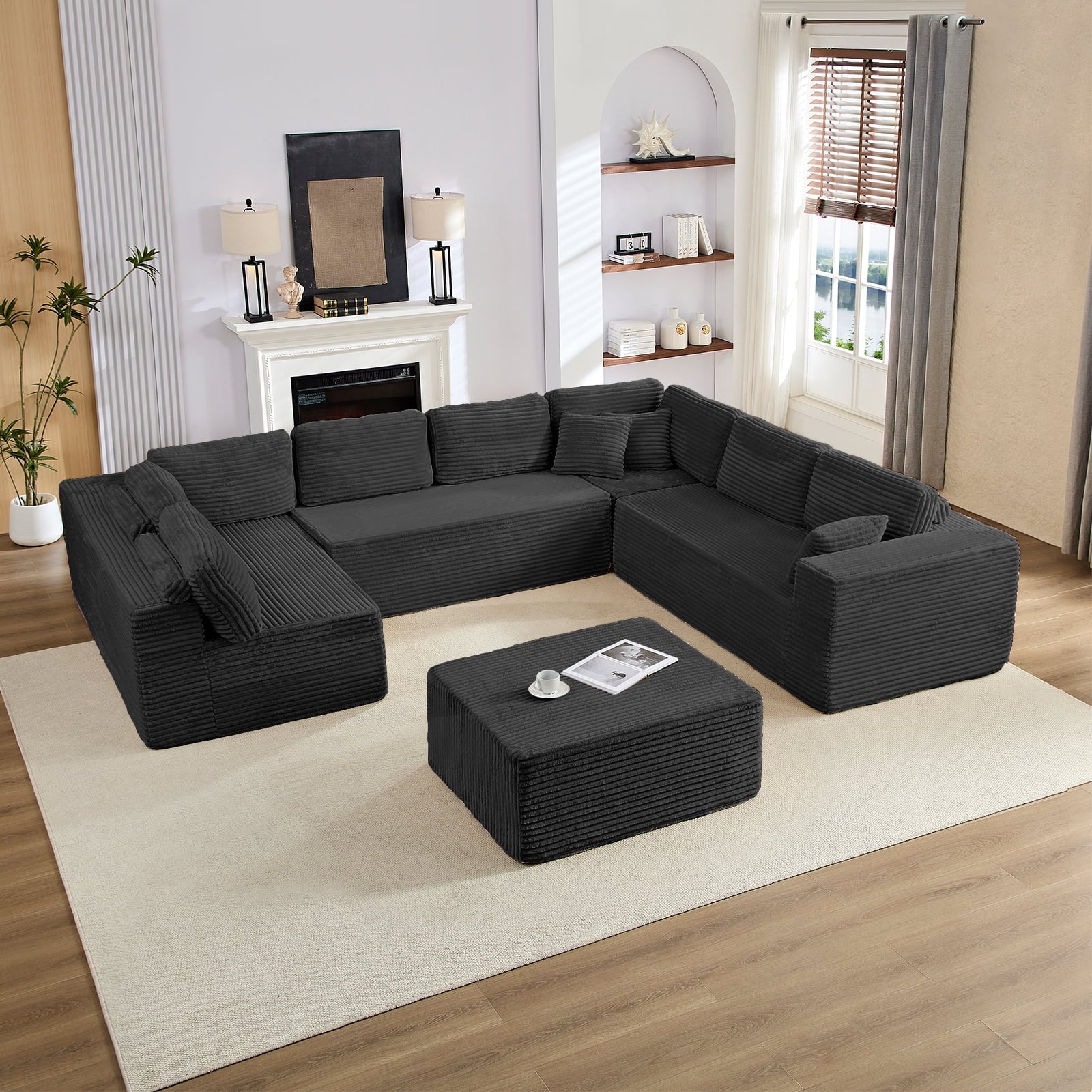 ZAFLY 140" U Shaped Modular Sectional Sofa, Corduroy Cloud Couch with Deep Seat, Oversized Sectionals for Living Room,