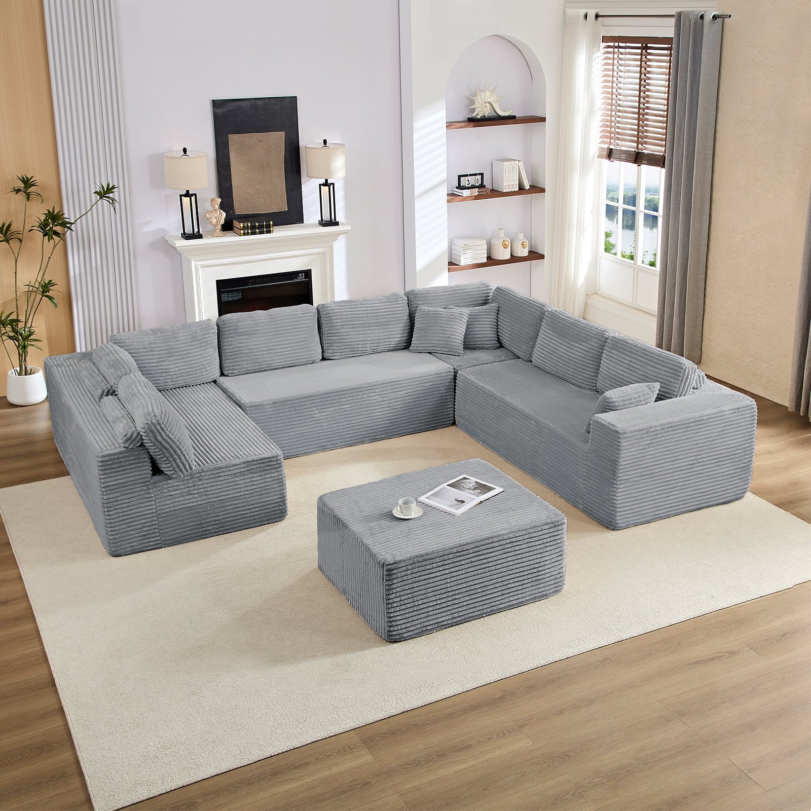 ZAFLY 140" U Shaped Modular Sectional Sofa, Corduroy Cloud Couch with Deep Seat, Oversized Sectionals for Living Room,