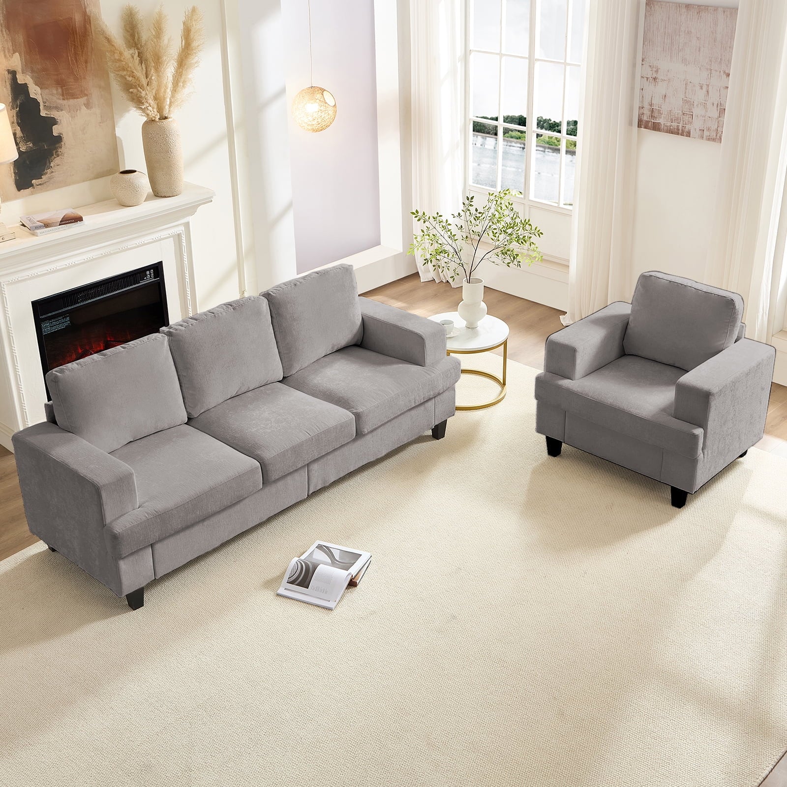 ZAFLY 3 Piece Living Room Sofa Set with Solid Wood, Chenille Couch and Loveseat Sets - Dark Gray
