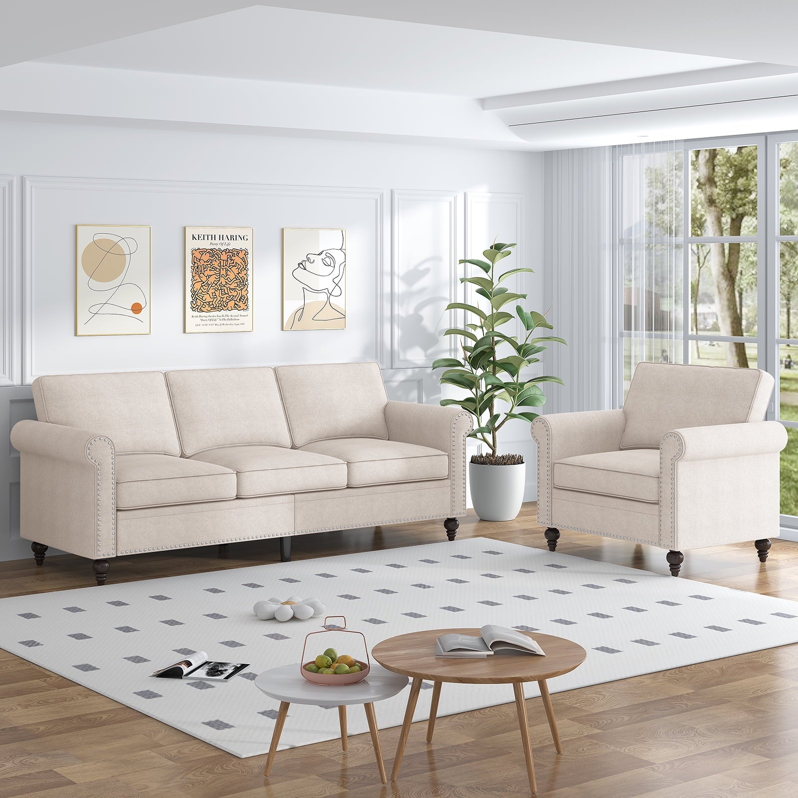 ZAFLY 3 Piece Living Room Sofa Set, 3 Seat Sofa + Loveseat + Armchair, Couches Sets with Solid Wood Frame for Living Room - Dark Gray