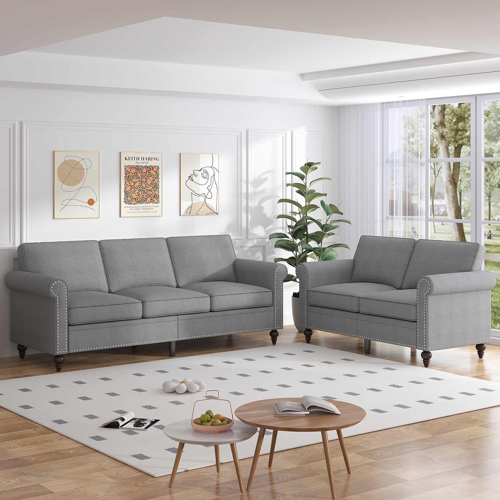 ZAFLY 3 Piece Living Room Sofa Set, 3 Seat Sofa + Loveseat + Armchair, Couches Sets with Solid Wood Frame for Living Room - Dark Gray