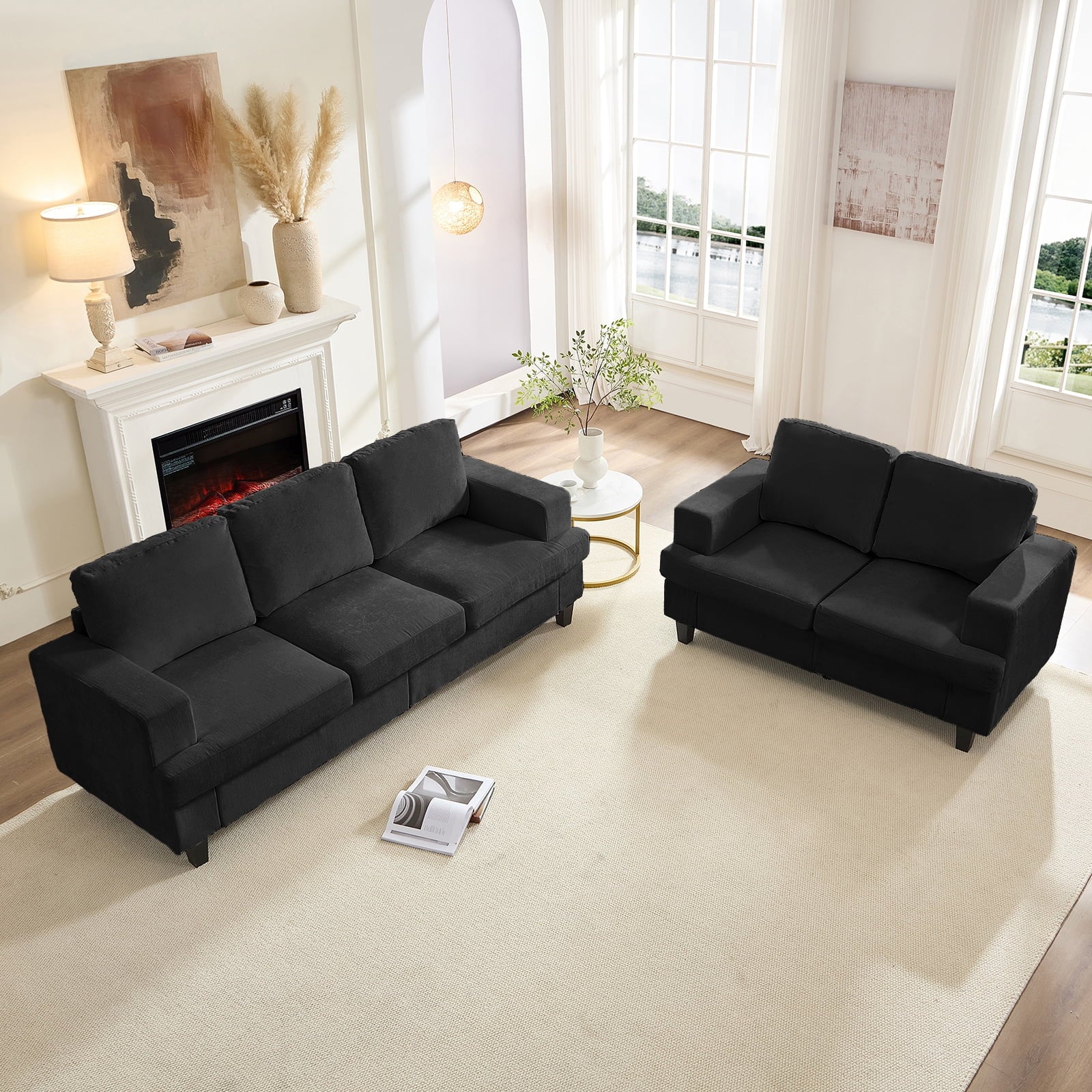 ZAFLY 3 Piece Living Room Sofa Set with Solid Wood, Chenille Couch and Loveseat Sets - Dark Gray
