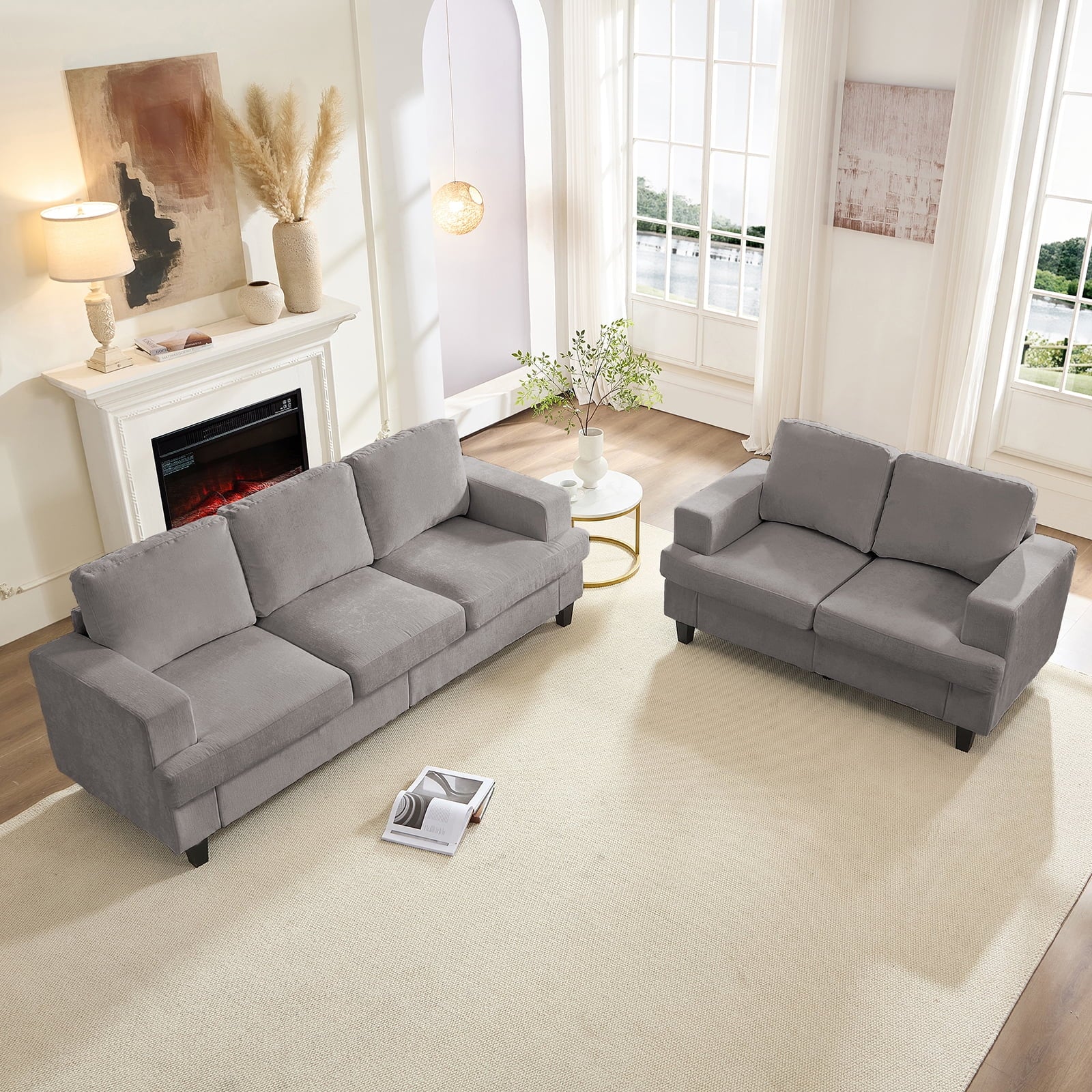 ZAFLY 3 Piece Living Room Sofa Set with Solid Wood, Chenille Couch and Loveseat Sets - Dark Gray