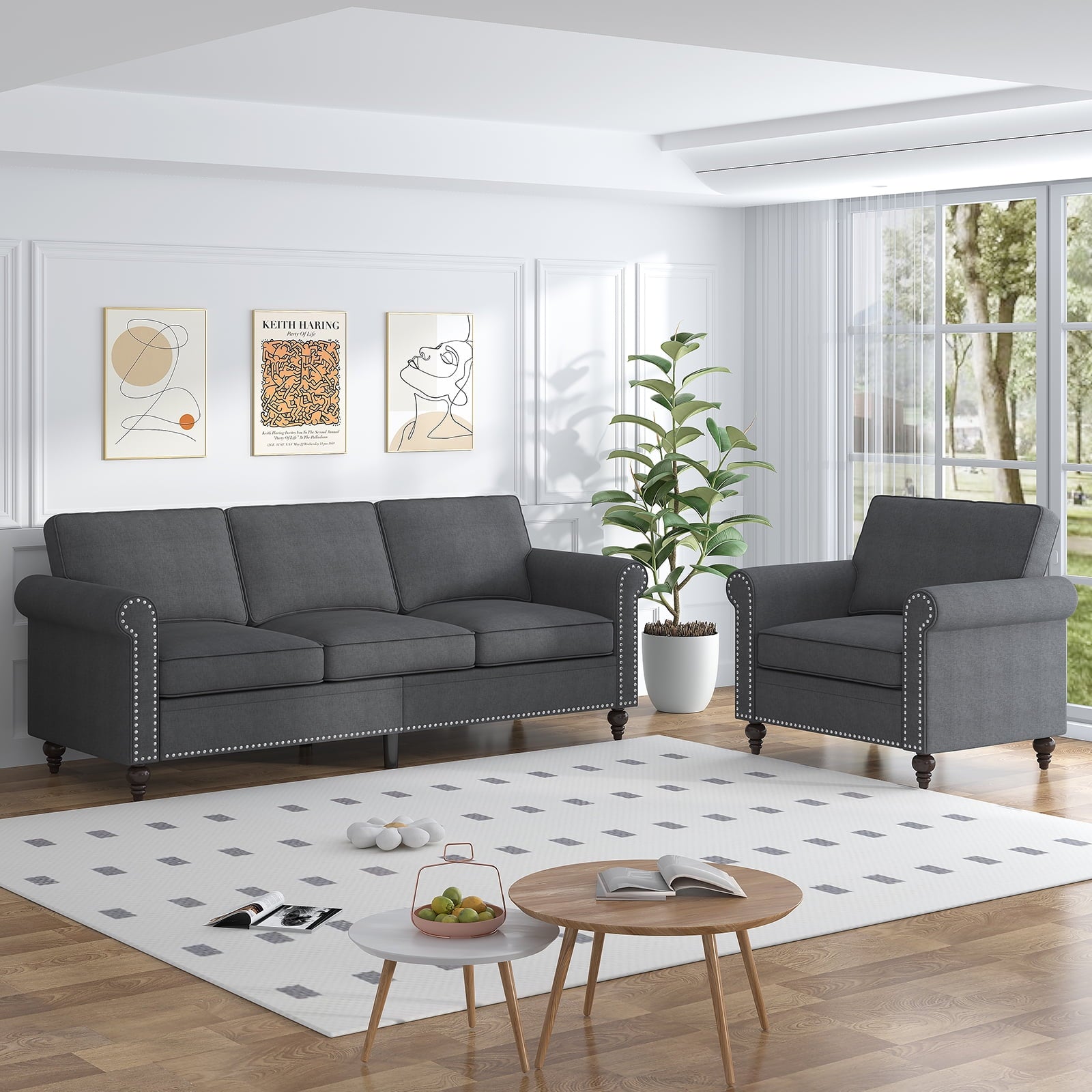 ZAFLY 3 Piece Living Room Sofa Set, 3 Seat Sofa + Loveseat + Armchair, Couches Sets with Solid Wood Frame for Living Room - Dark Gray