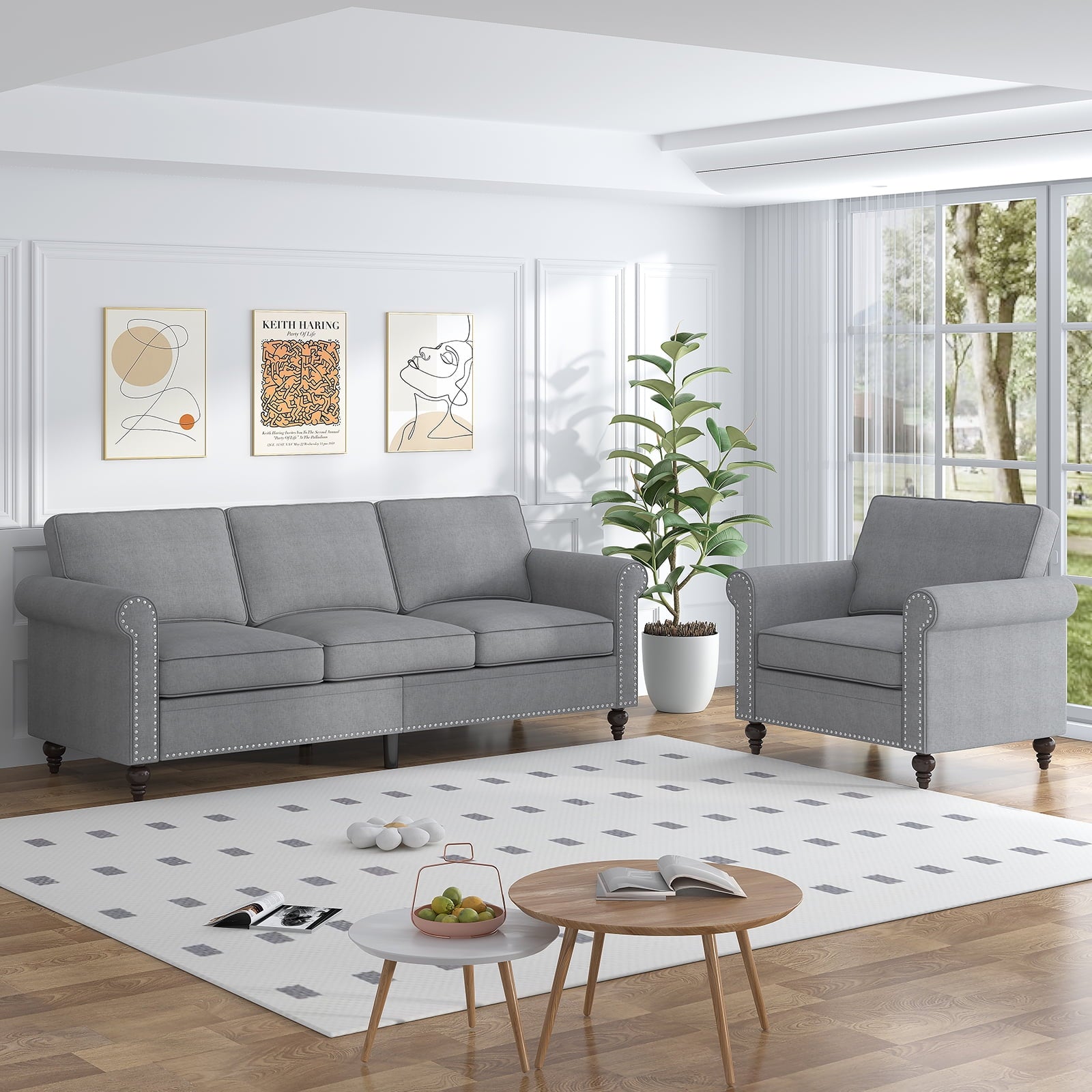 ZAFLY 3 Piece Living Room Sofa Set, 3 Seat Sofa + Loveseat + Armchair, Couches Sets with Solid Wood Frame for Living Room - Dark Gray