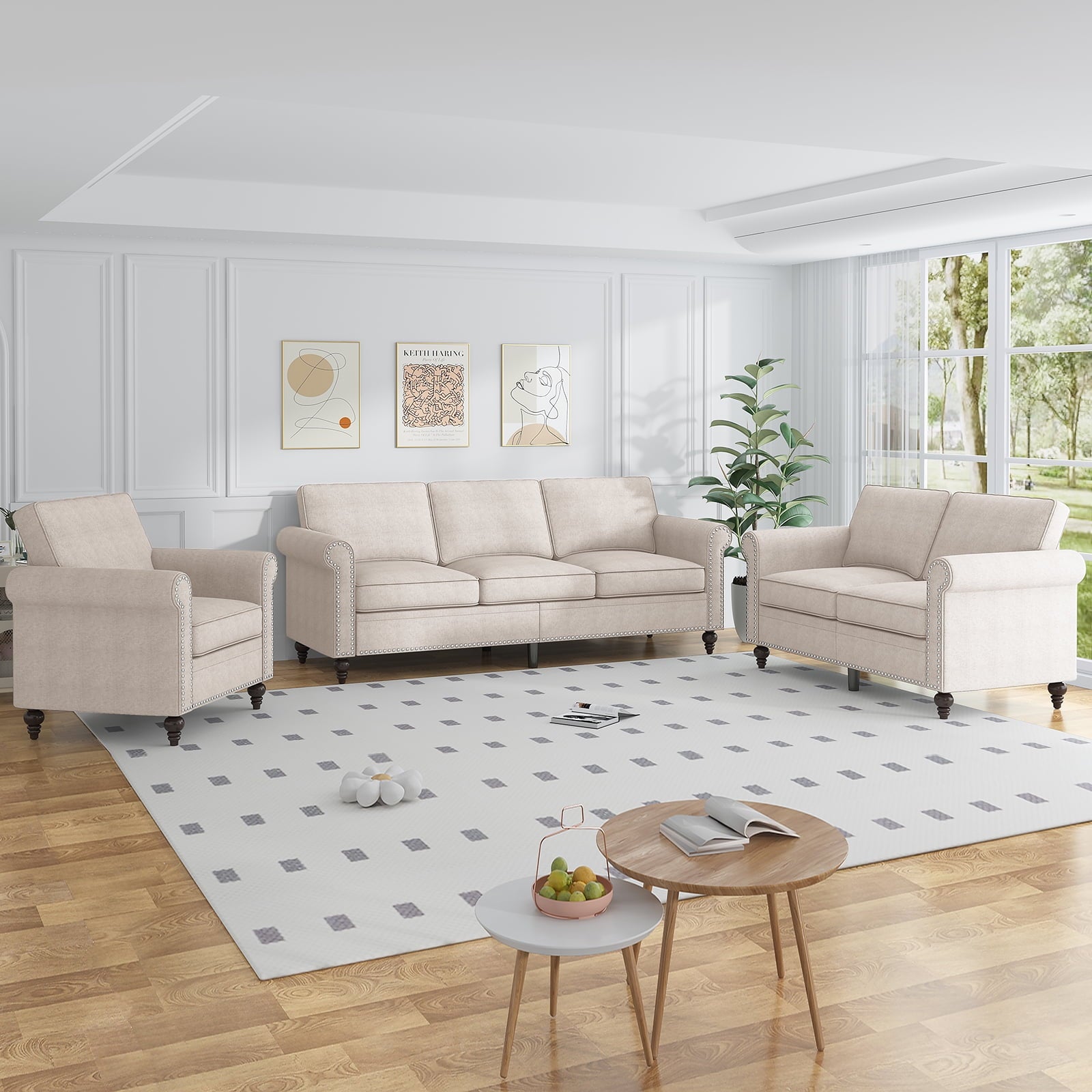 ZAFLY 3 Piece Living Room Sofa Set, 3 Seat Sofa + Loveseat + Armchair, Couches Sets with Solid Wood Frame for Living Room - Dark Gray