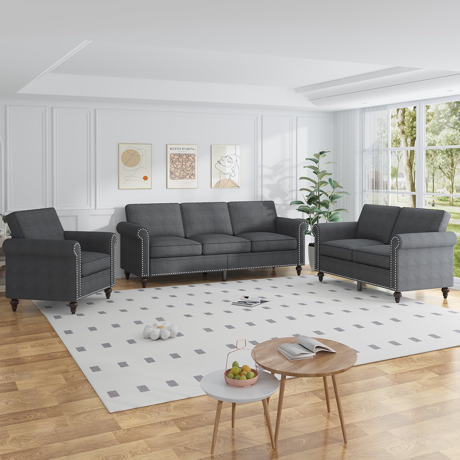 ZAFLY 3 Piece Living Room Sofa Set, 3 Seat Sofa + Loveseat + Armchair, Couches Sets with Solid Wood Frame for Living Room - Dark Gray