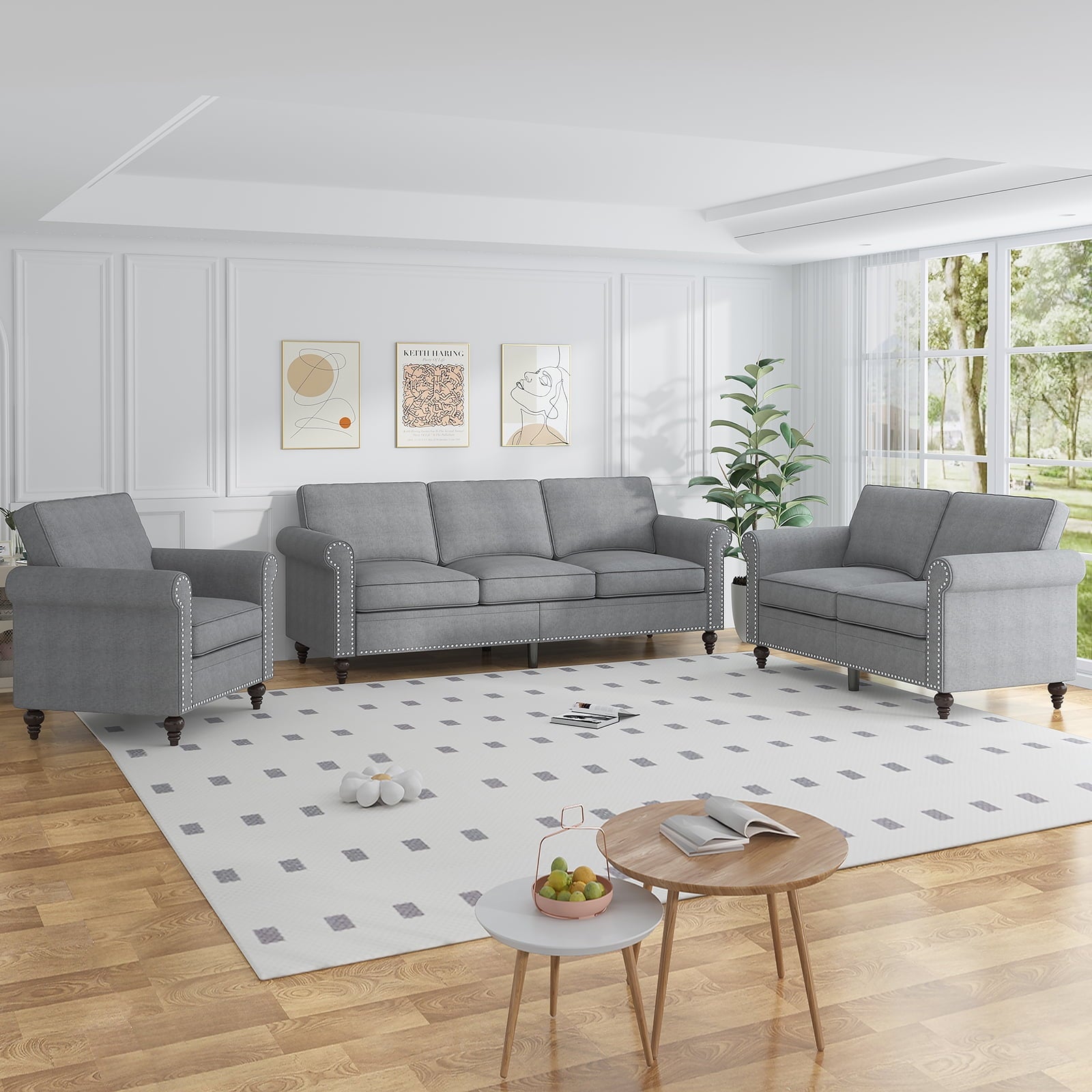 ZAFLY 3 Piece Living Room Sofa Set, 3 Seat Sofa + Loveseat + Armchair, Couches Sets with Solid Wood Frame for Living Room - Dark Gray