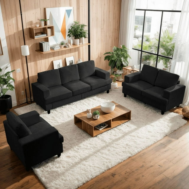 ZAFLY 3 Piece Living Room Sofa Set with Solid Wood, Chenille Couch and Loveseat Sets - Dark Gray