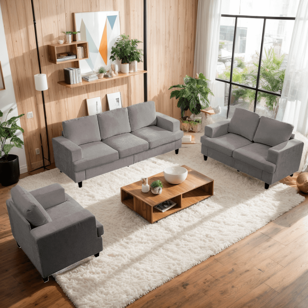 ZAFLY 3 Piece Living Room Sofa Set with Solid Wood, Chenille Couch and Loveseat Sets - Dark Gray