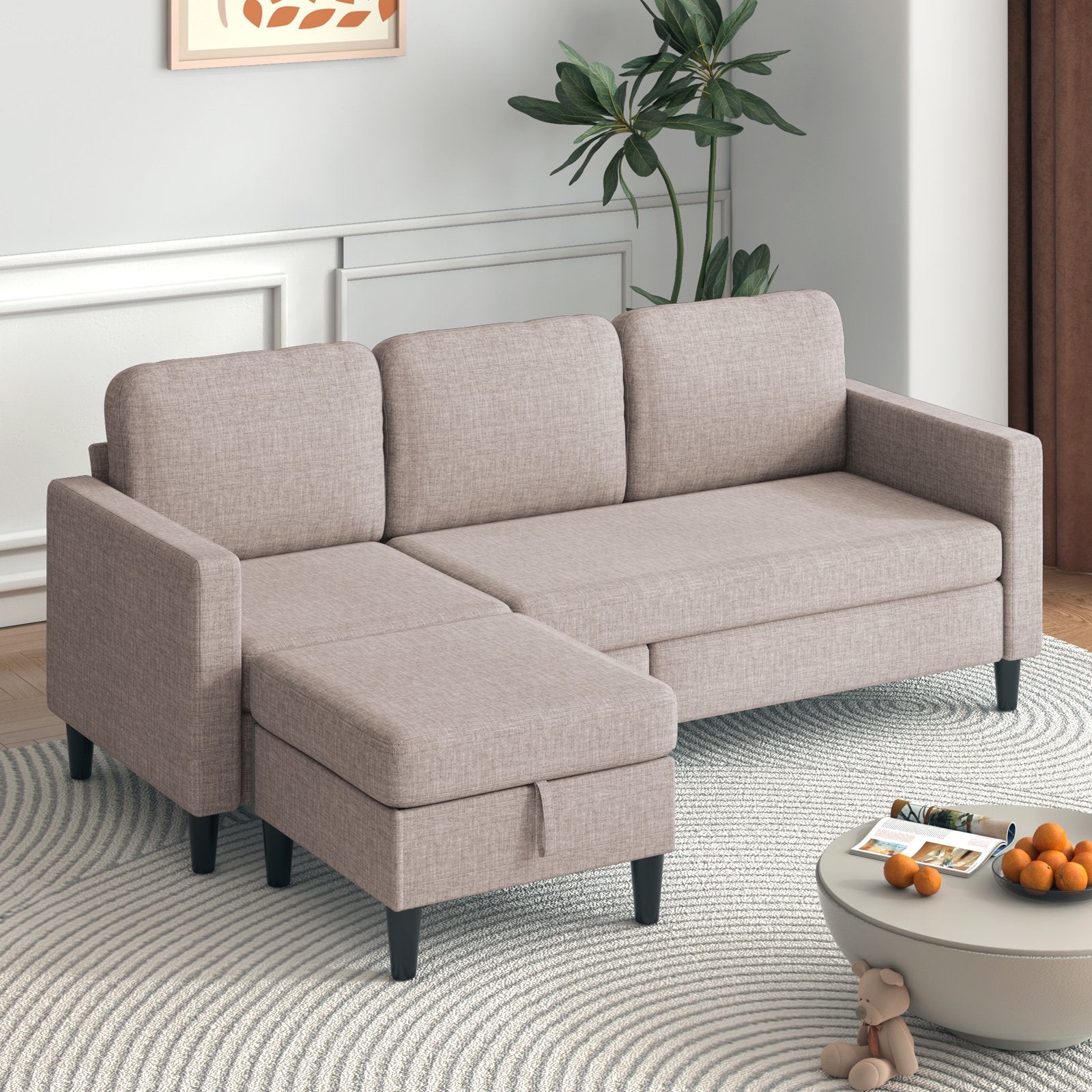 ijuicy 76'' Reversible Sectional Sofa with Storage Ottoman, 3 Seater L Shaped Sofa for Living Room