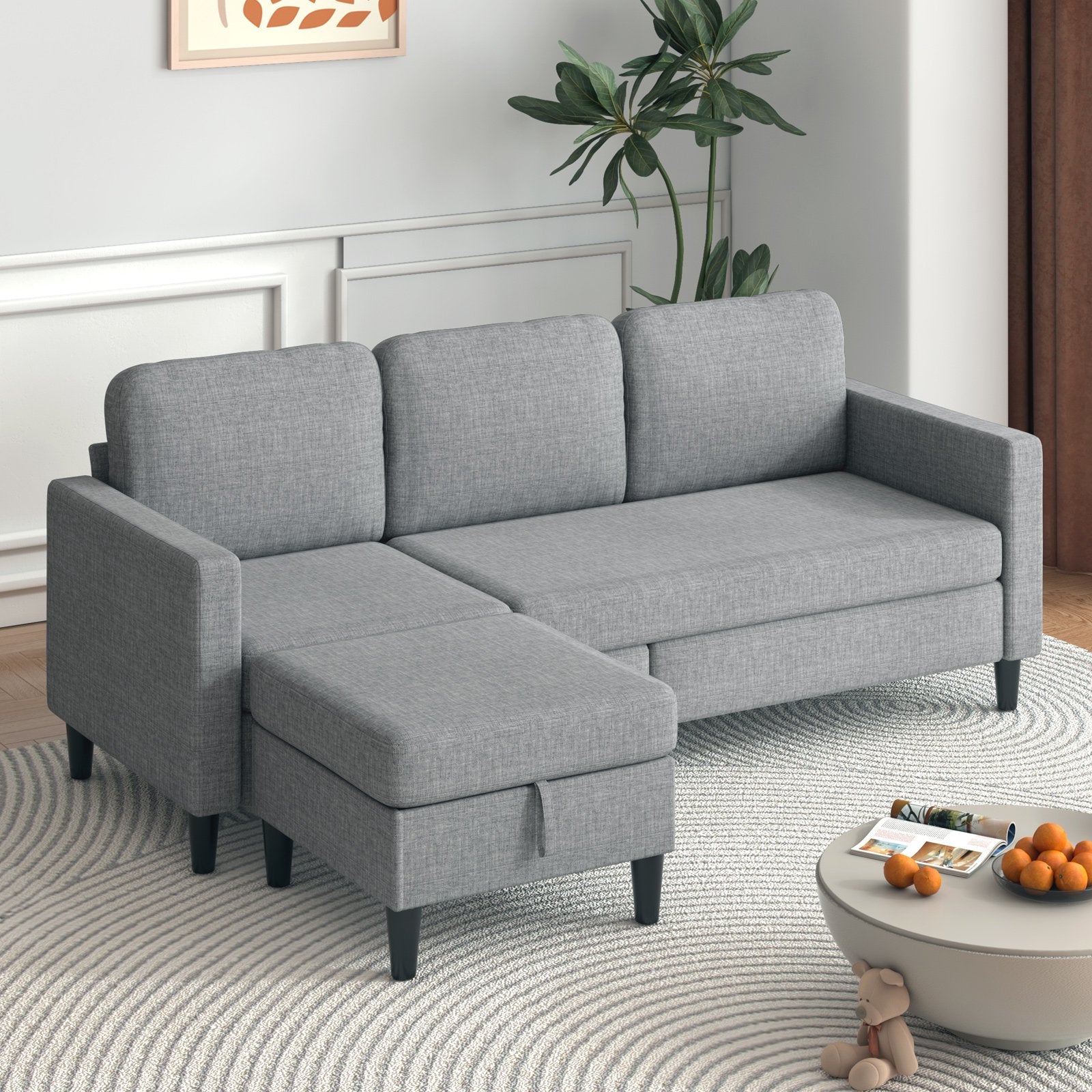 ijuicy 76'' Reversible Sectional Sofa with Storage Ottoman, 3 Seater L Shaped Sofa for Living Room