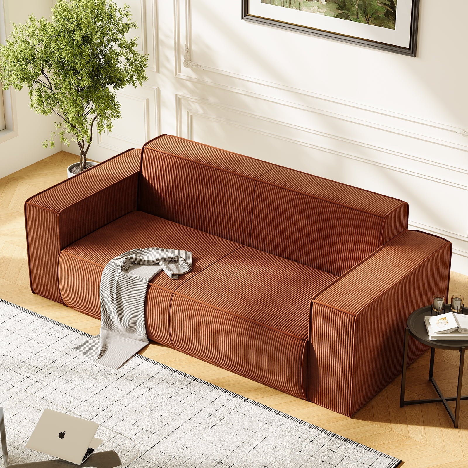 ZAFLY 78" Deep Seat Couch No Assembly Required, Corduroy Oversized Couches and Sofas for Living Room/Apartment - Orange