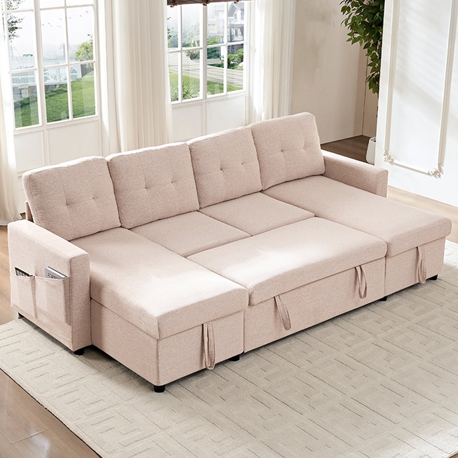 ZAFLY Sectional Sleeper Sofa Bed, 4 Seat Pull Out Couch with Storage, Modern Convertible U Shaped Sofas for Living Room