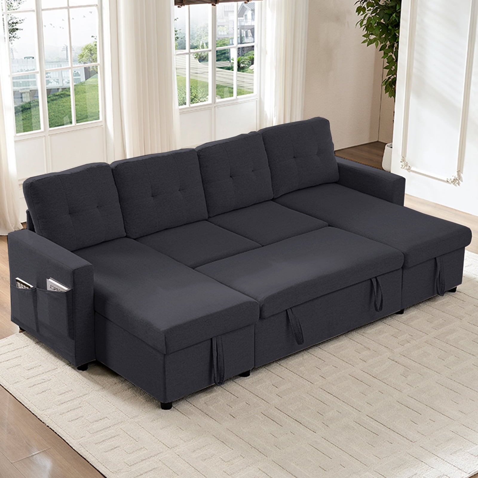 ZAFLY Sectional Sleeper Sofa Bed, 4 Seat Pull Out Couch with Storage, Modern Convertible U Shaped Sofas for Living Room