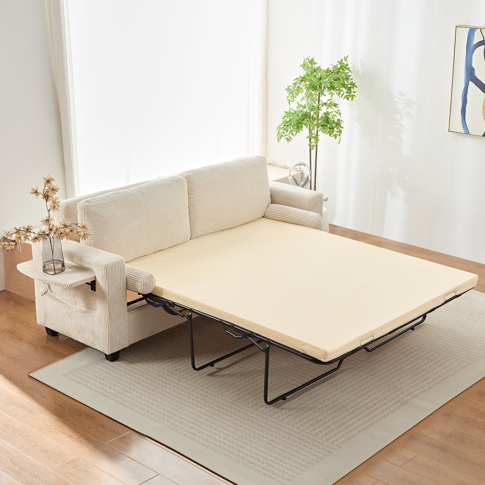 ZAFLY 83”Pull Out Sofa Bed, Corduroy Convertible Sofa Bed with Storage Shelf, Sleeper Sofa Queen Couch with Pull Out Bed