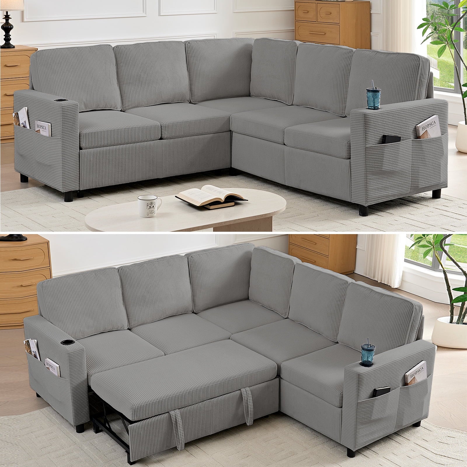 ZAFLY 83"W L-Shaped Pull Out Sofa, Convertible Sleeper Sofa Bed with Storage, Corduroy Sectional Sofas for Living Room