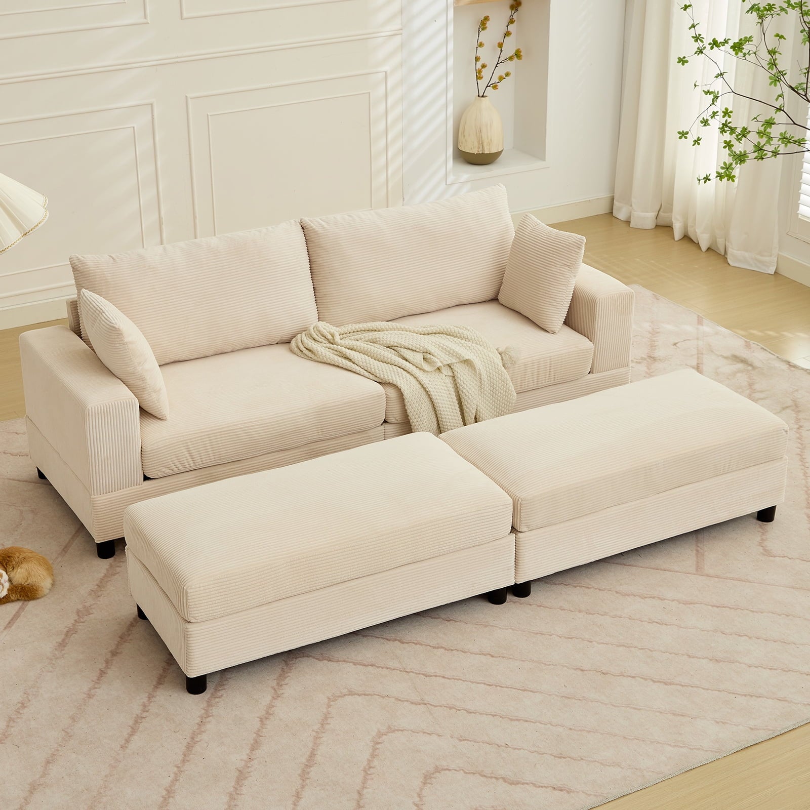 ZAFLY 85” Black Sectional Sofa with Chaise, Oversized Loveseat Deep Seat Couch, Corduroy Sleeper Sofa for Small Spaces/Apartment
