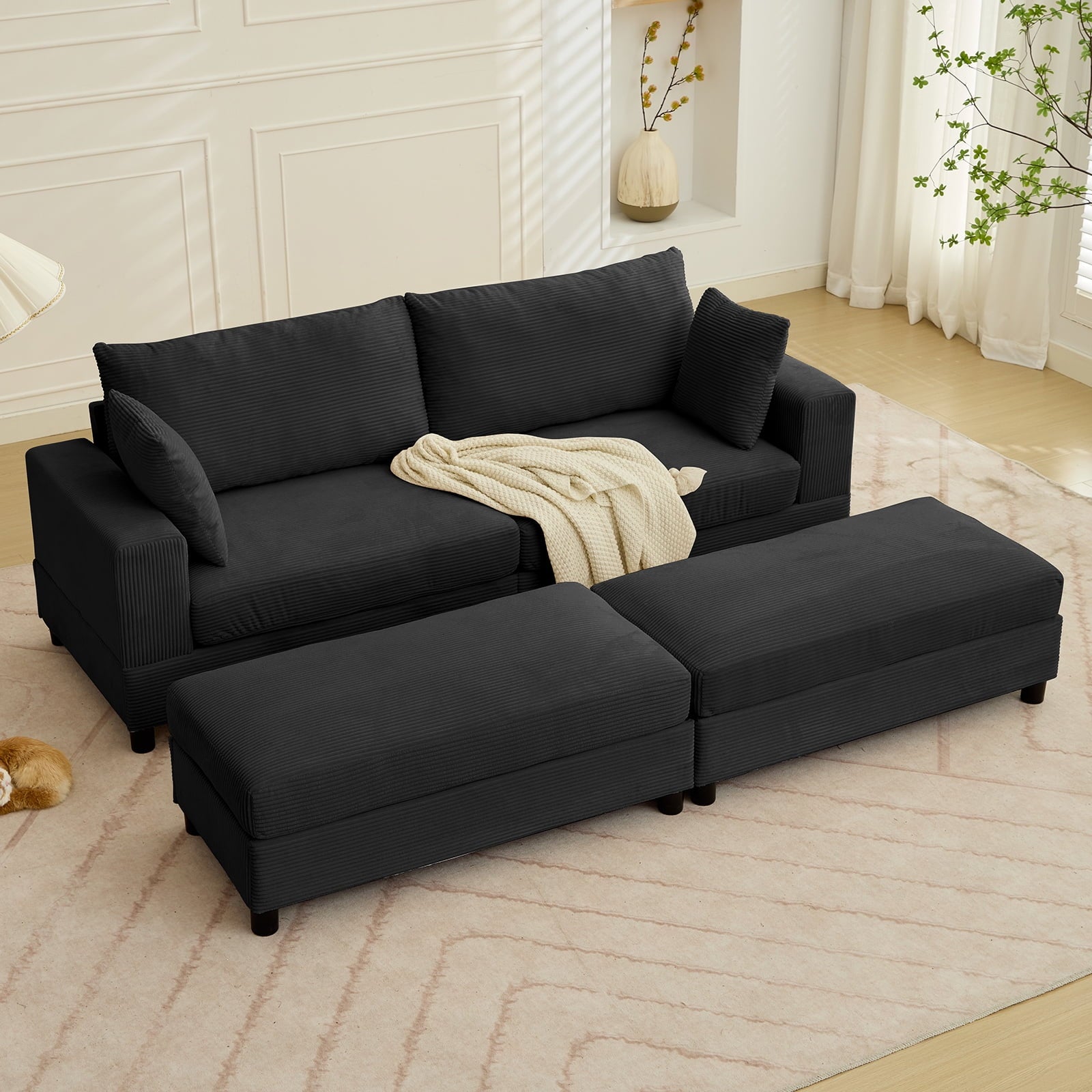 ZAFLY 85” Black Sectional Sofa with Chaise, Oversized Loveseat Deep Seat Couch, Corduroy Sleeper Sofa for Small Spaces/Apartment