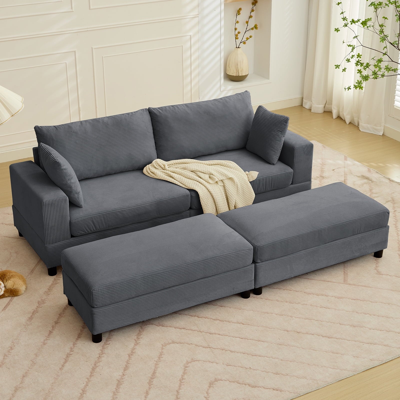 ZAFLY 85” Black Sectional Sofa with Chaise, Oversized Loveseat Deep Seat Couch, Corduroy Sleeper Sofa for Small Spaces/Apartment