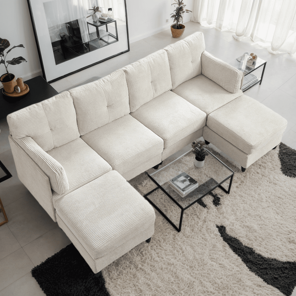 ZAFLY 89”w U/L Shaped Sectional Couch with Movable Ottoman, Corduroy Sectional Sofas for Living Room
