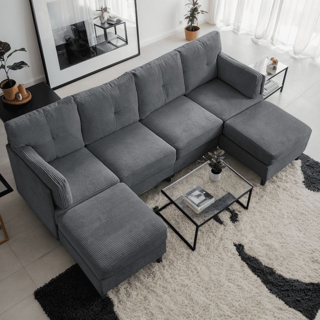 ZAFLY 89”w U/L Shaped Sectional Couch with Movable Ottoman, Corduroy Sectional Sofas for Living Room