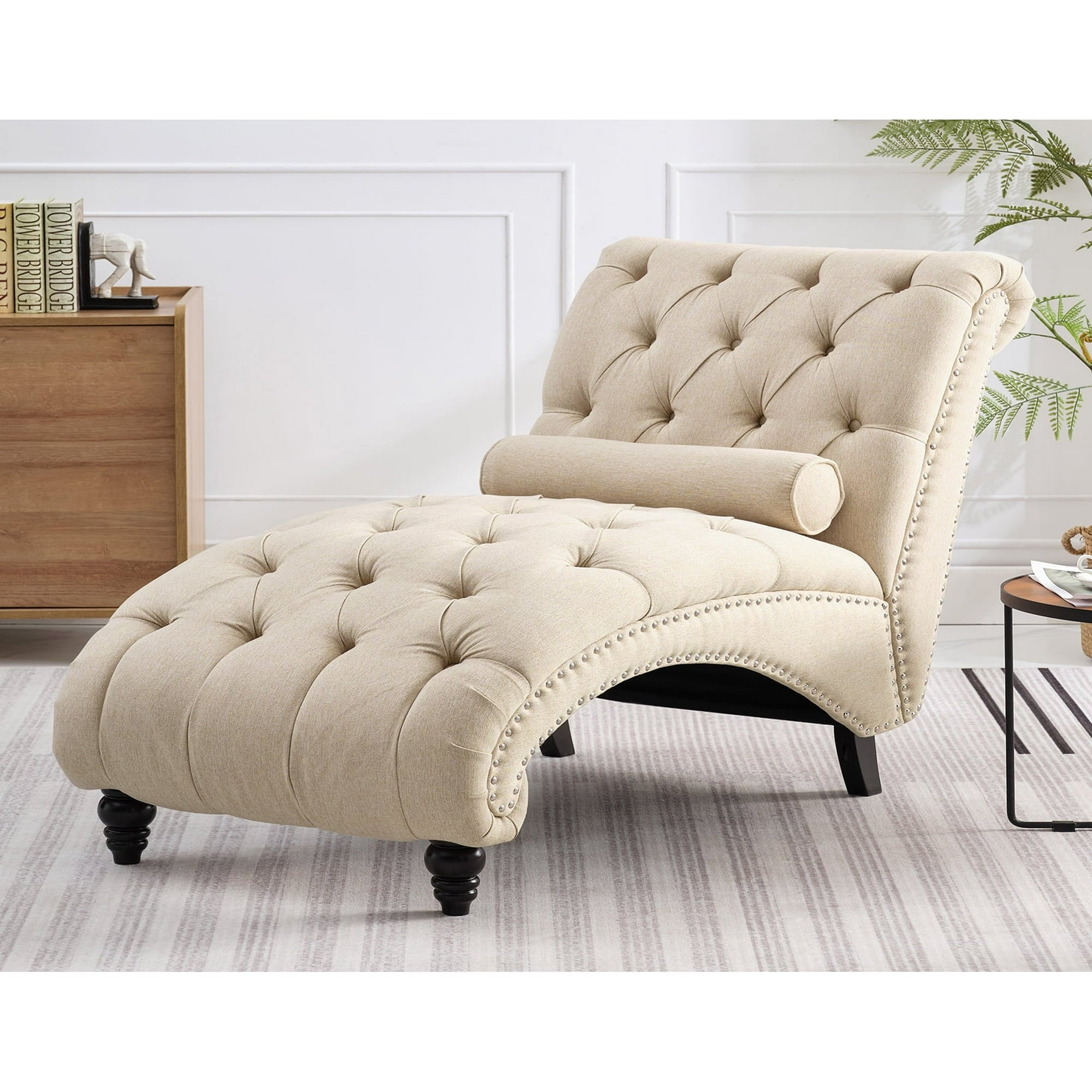 ZAFLY Chaise Lounge Indoor, Lounge Chair with Wood Legs, Leisure Accent Chair, Upholstered Lounge Couch for Bedrooom/Living Room