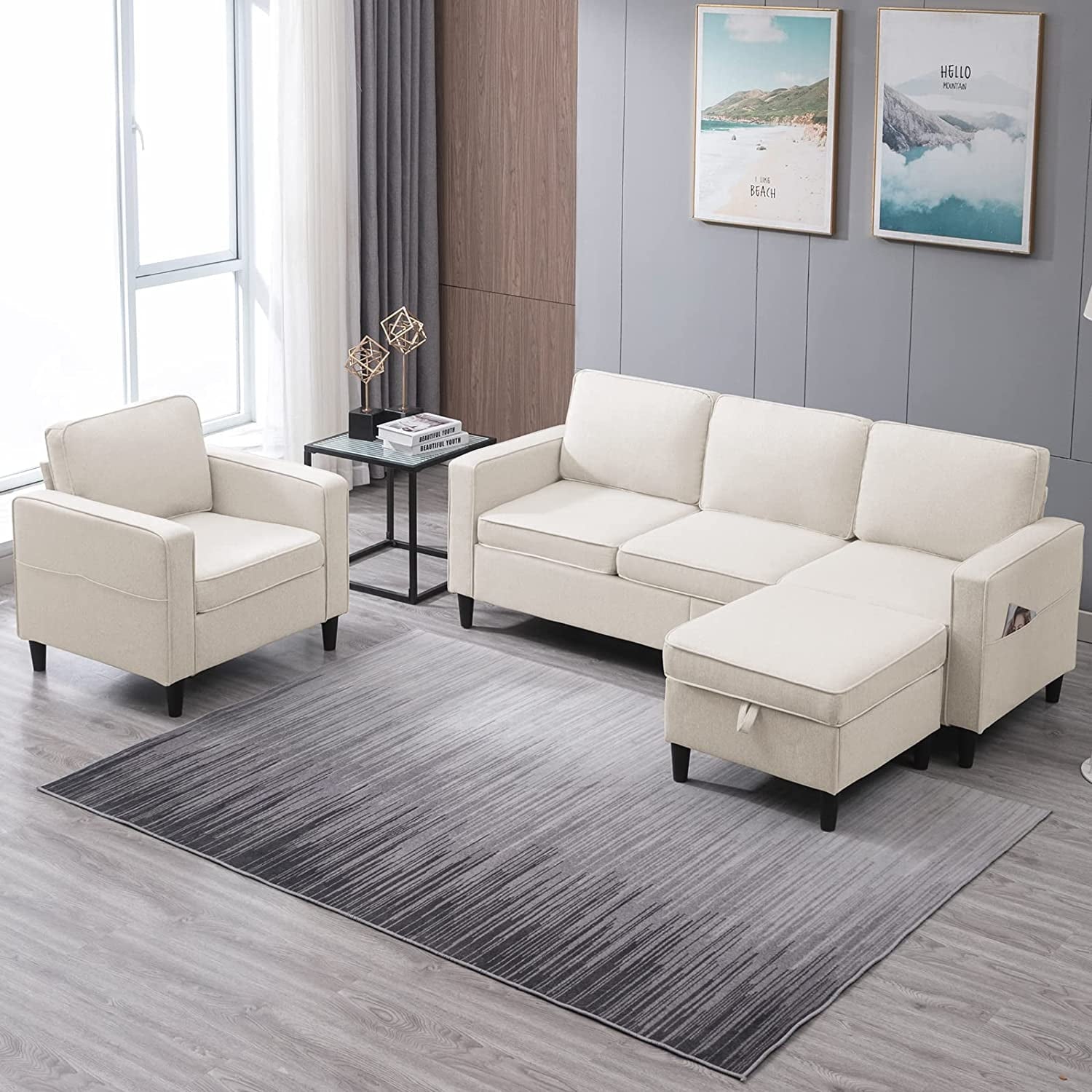ZAFLY Convertible Sectional Sofa Set,3-Seat L Shape Sofa with Storage Ottoman and Armchair,Living Room Furniture Couch Set Sectional Couches Set for Living Room,Bedroom,Apartment