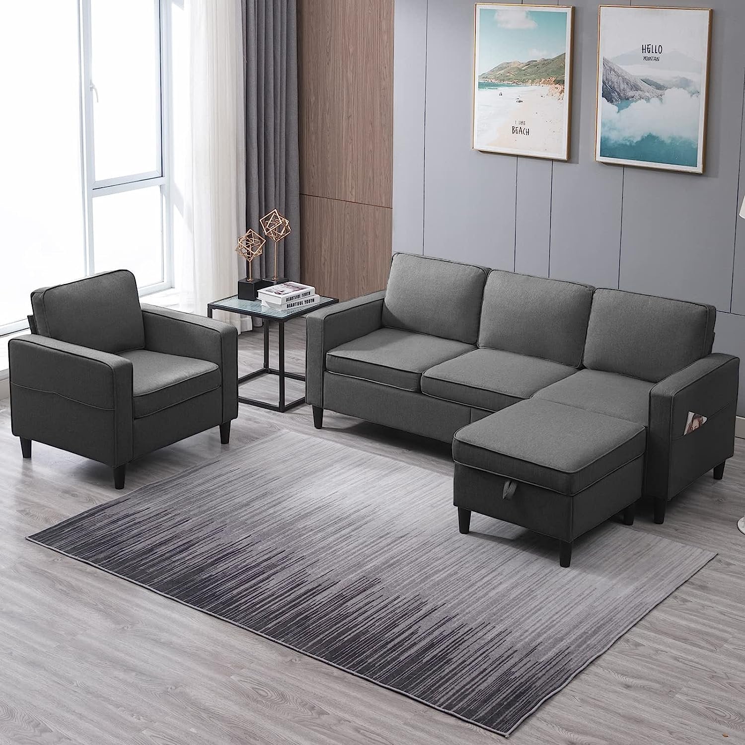 ZAFLY Convertible Sectional Sofa Set,3-Seat L Shape Sofa with Storage Ottoman and Armchair,Living Room Furniture Couch Set Sectional Couches Set for Living Room,Bedroom,Apartment