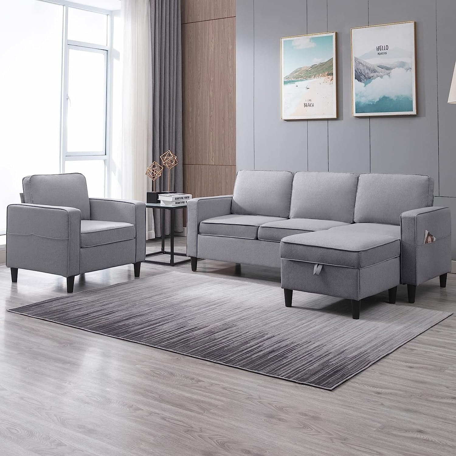 ZAFLY Convertible Sectional Sofa Set,3-Seat L Shape Sofa with Storage Ottoman and Armchair,Living Room Furniture Couch Set Sectional Couches Set for Living Room,Bedroom,Apartment