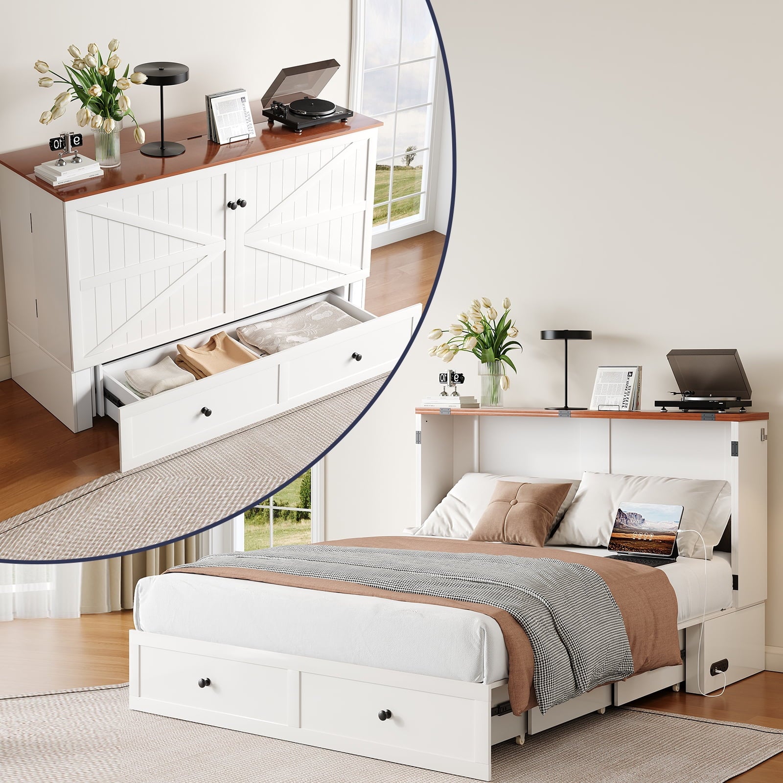 ZAFLY Murphy Bed with Trifold Foam Mattress, Cabinet Bed with Charging Station, Queen Size Cabinet Chest Bed with Large Drawers for Living Room/Bedroom