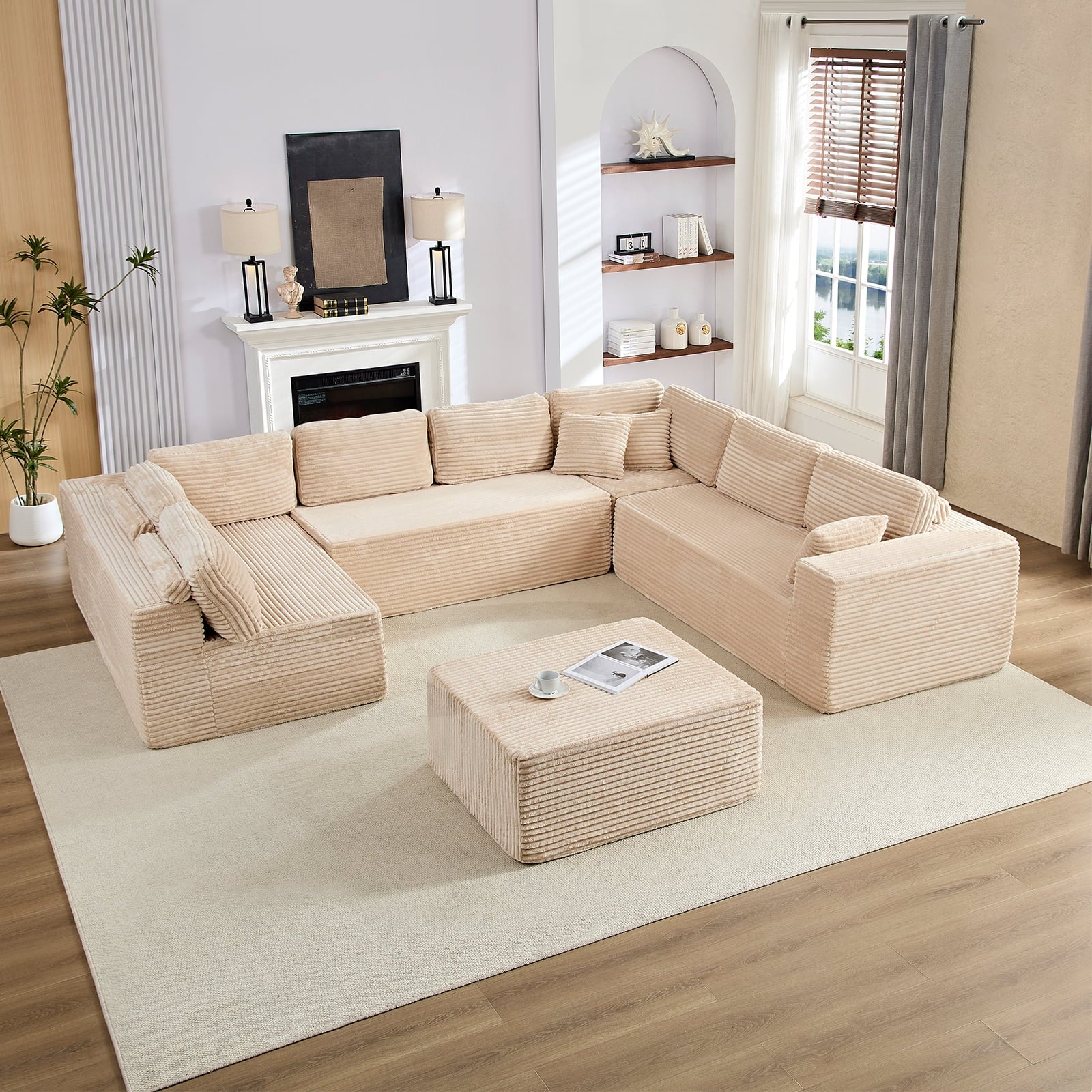 ZAFLY 140" U Shaped Modular Sectional Sofa, Corduroy Cloud Couch with Deep Seat, Oversized Sectionals for Living Room,