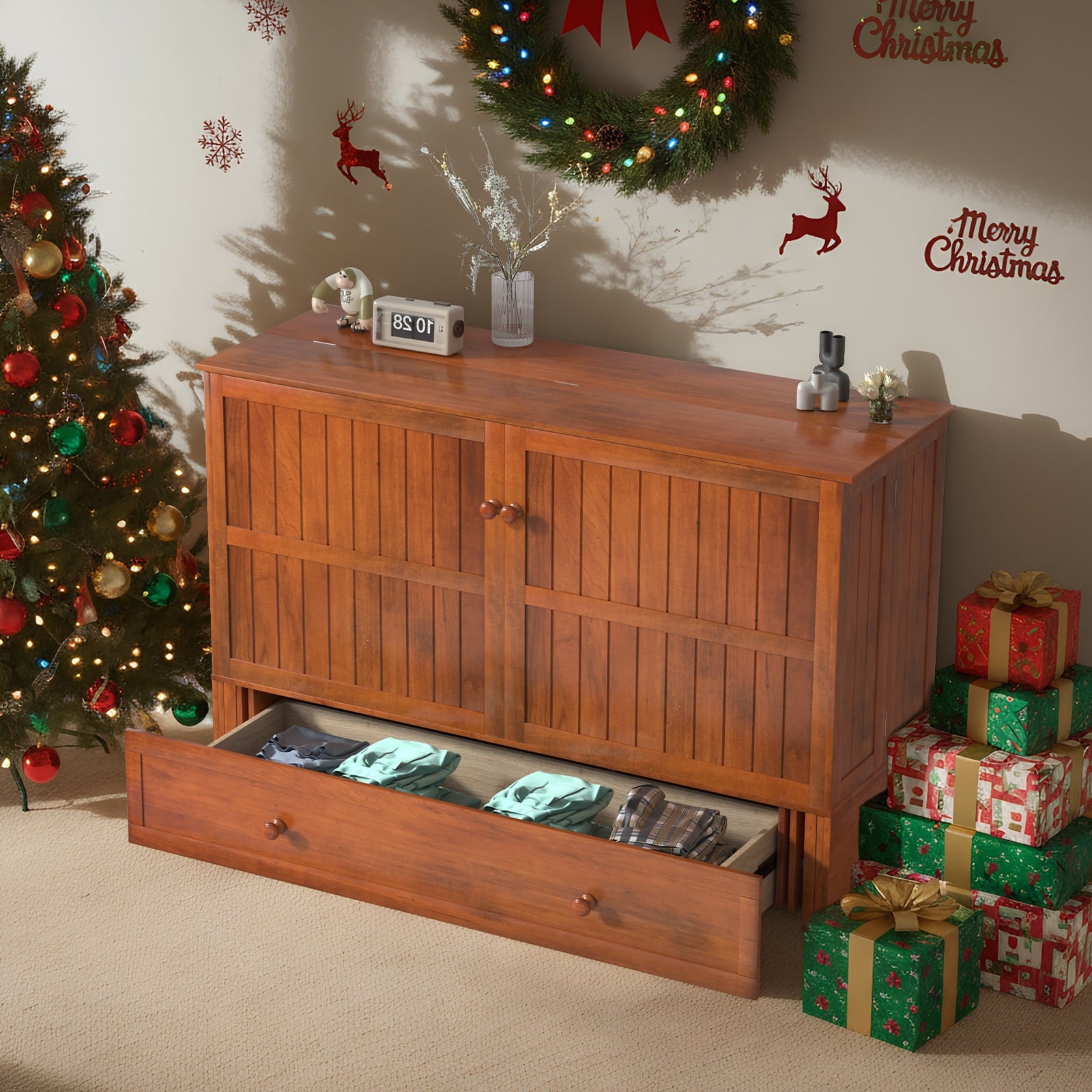 ZAFLY Queen Size Murphy Bed, Cabinet Bed with USB Charging Station, Convertible Bed with Storage Platform, Cabinet Chest Bed with Large Drawers for Living Room/Bedroom