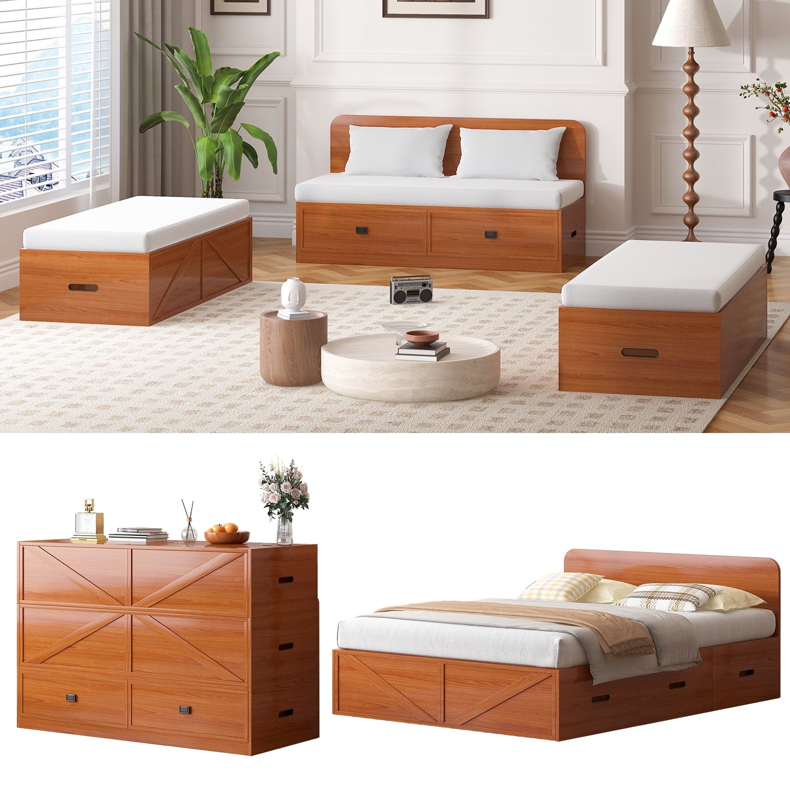 ZAFLY Murphy Bed Queen with Mattress, Convertible Cabinet Bed with Large Drawers, Cabinet Chest Bed for Bedroom/Apartment