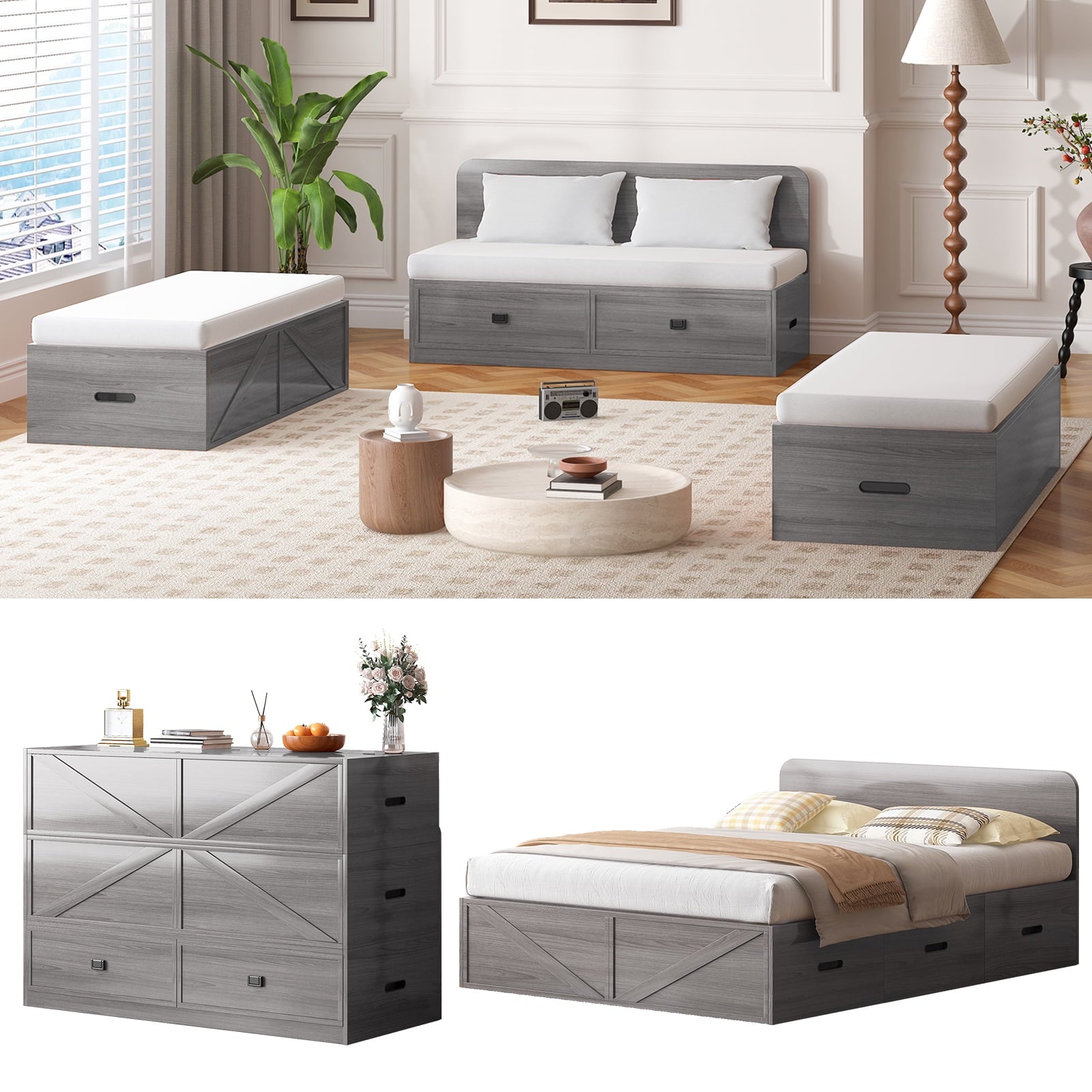 ZAFLY Murphy Bed Queen with Mattress, Convertible Cabinet Bed with Large Drawers, Cabinet Chest Bed for Bedroom/Apartment