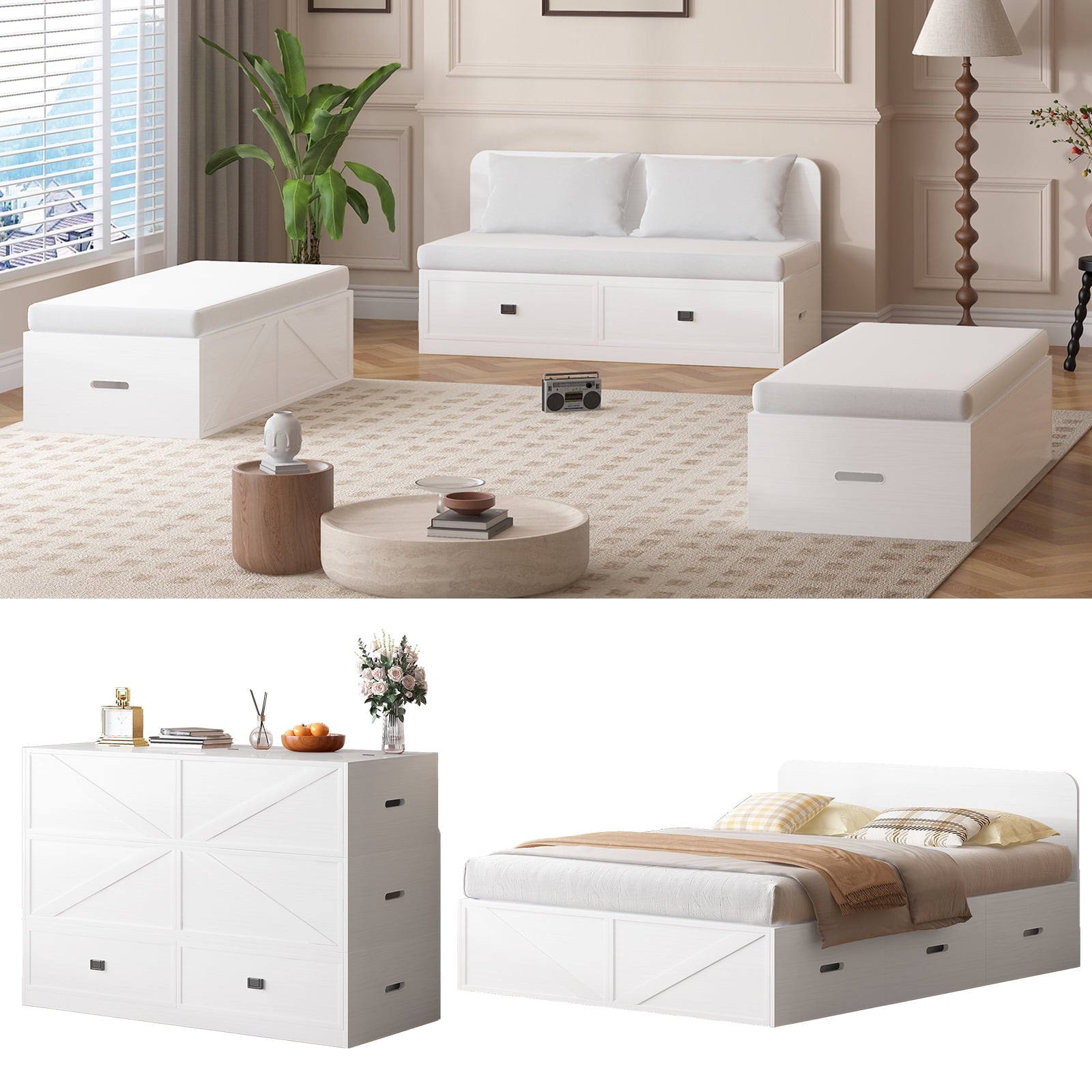 ZAFLY Murphy Bed Queen with Mattress, Convertible Cabinet Bed with Large Drawers, Cabinet Chest Bed for Bedroom/Apartment