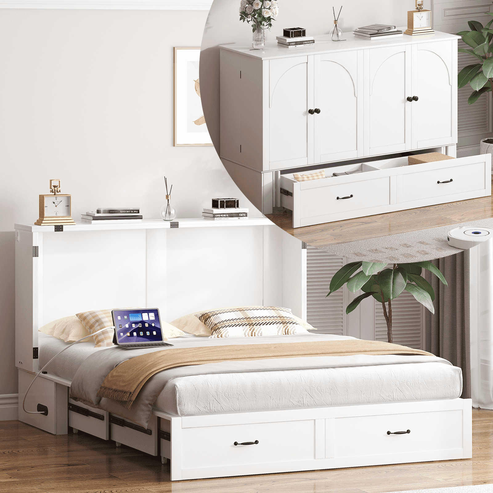ZAFLY Murphy Bed with Trifold Foam Mattress, Cabinet Bed with Charging Station, Queen Size Cabinet Chest Bed with Large Drawers for Living Room/Bedroom