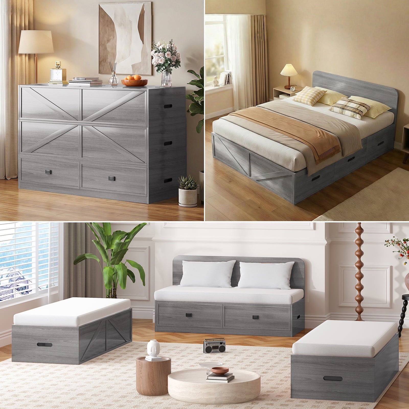 ZAFLY Murphy Bed Queen with Mattress, Convertible Cabinet Bed with Large Drawers, Cabinet Chest Bed for Bedroom/Apartment