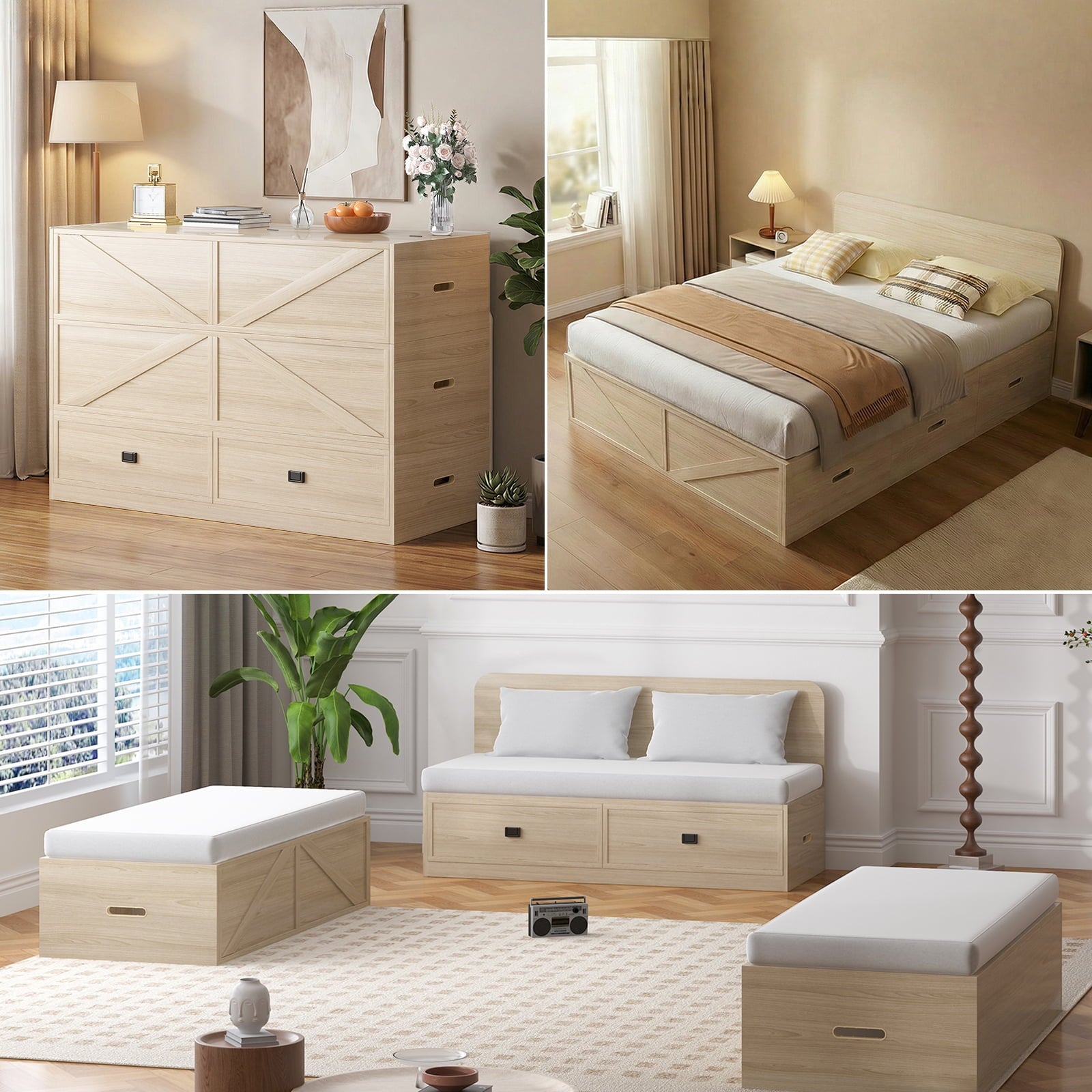 ZAFLY Murphy Bed Queen with Mattress, Convertible Cabinet Bed with Large Drawers, Cabinet Chest Bed for Bedroom/Apartment